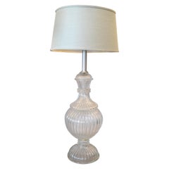 Italian Tall Clear Hand Blown Ribbed Murano Glass and Aluminum Neck Table Lamp