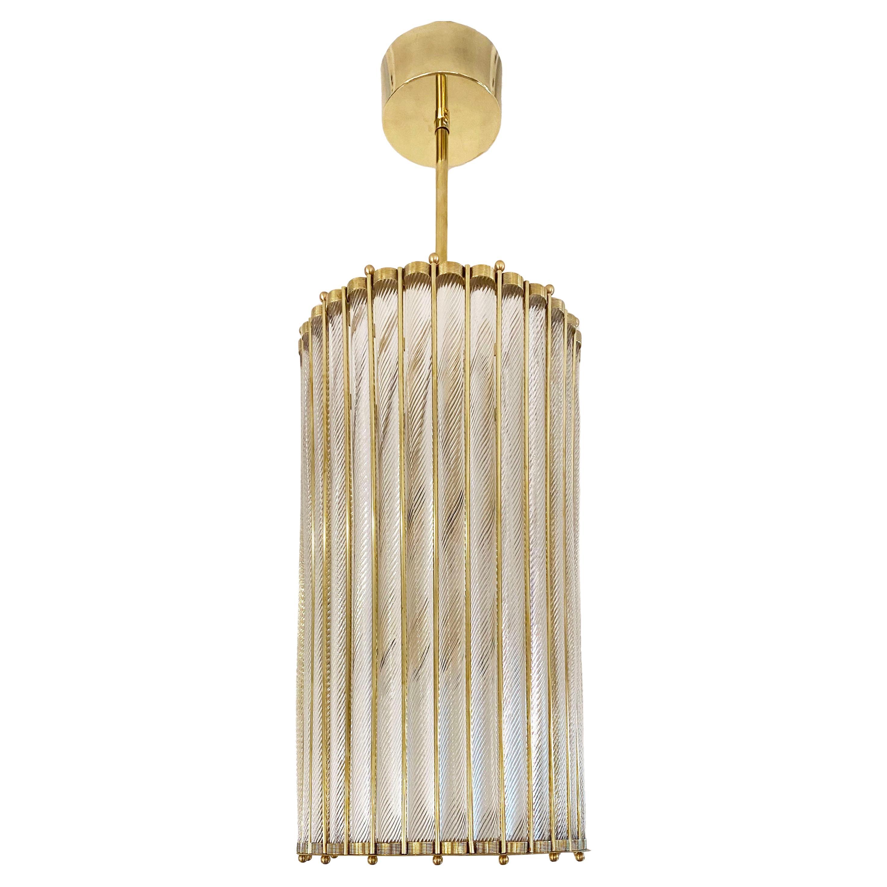 Italian Tall Crystal Twisted Murano Glass Brass Lantern Pendant/Chandelier For Sale 3