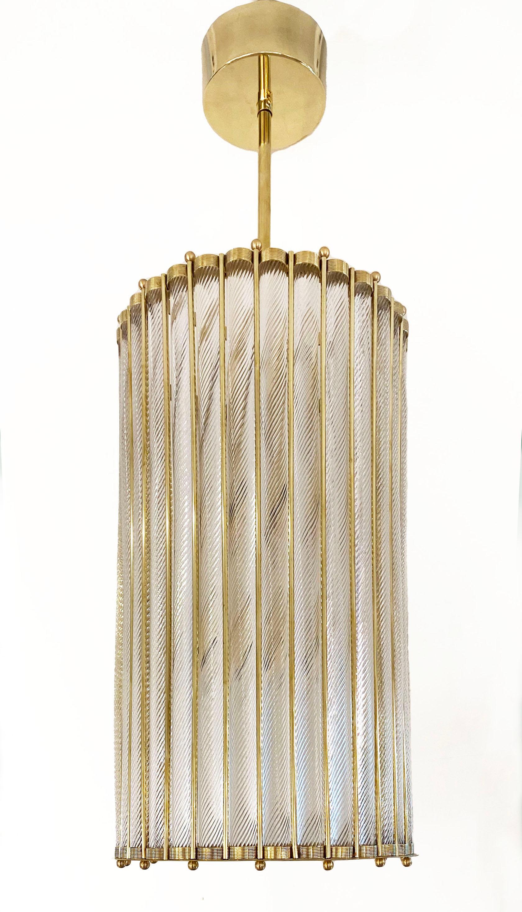Italian Tall Crystal Twisted Murano Glass Brass Lantern Pendant / Chandelier For Sale 4