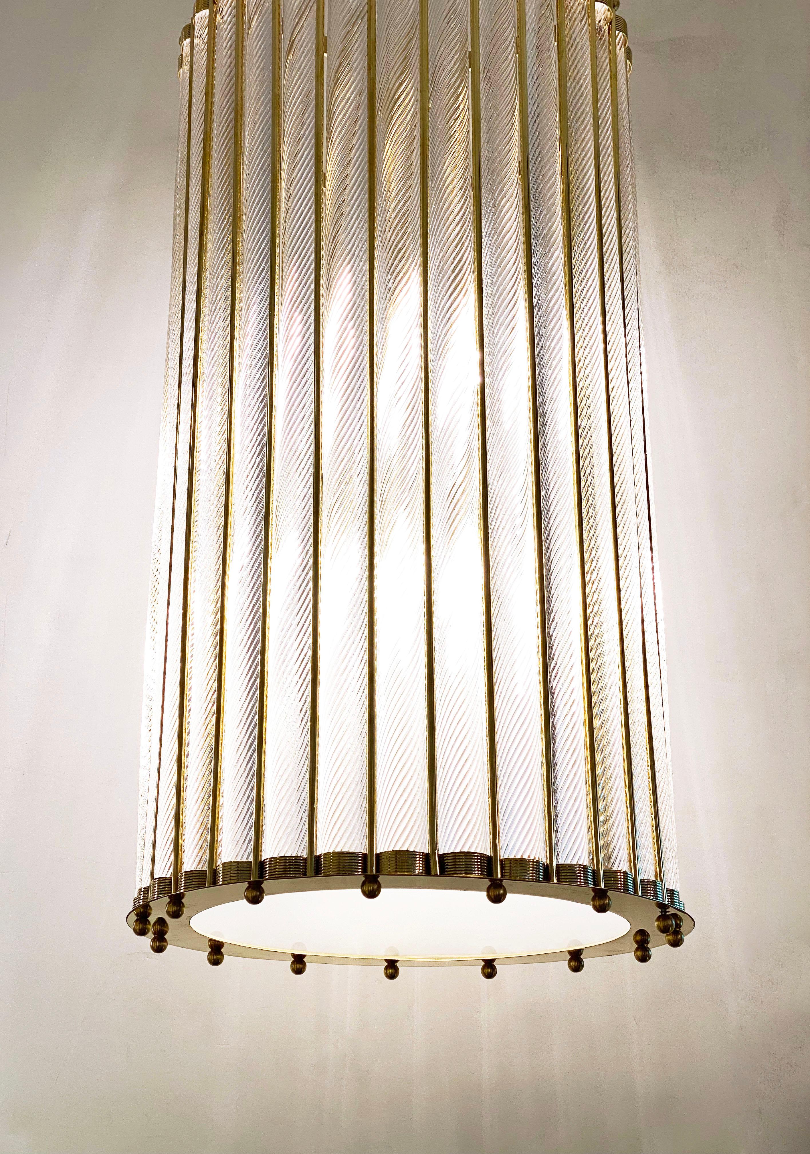 Italian Tall Crystal Twisted Murano Glass Brass Lantern Pendant/Chandelier For Sale 4