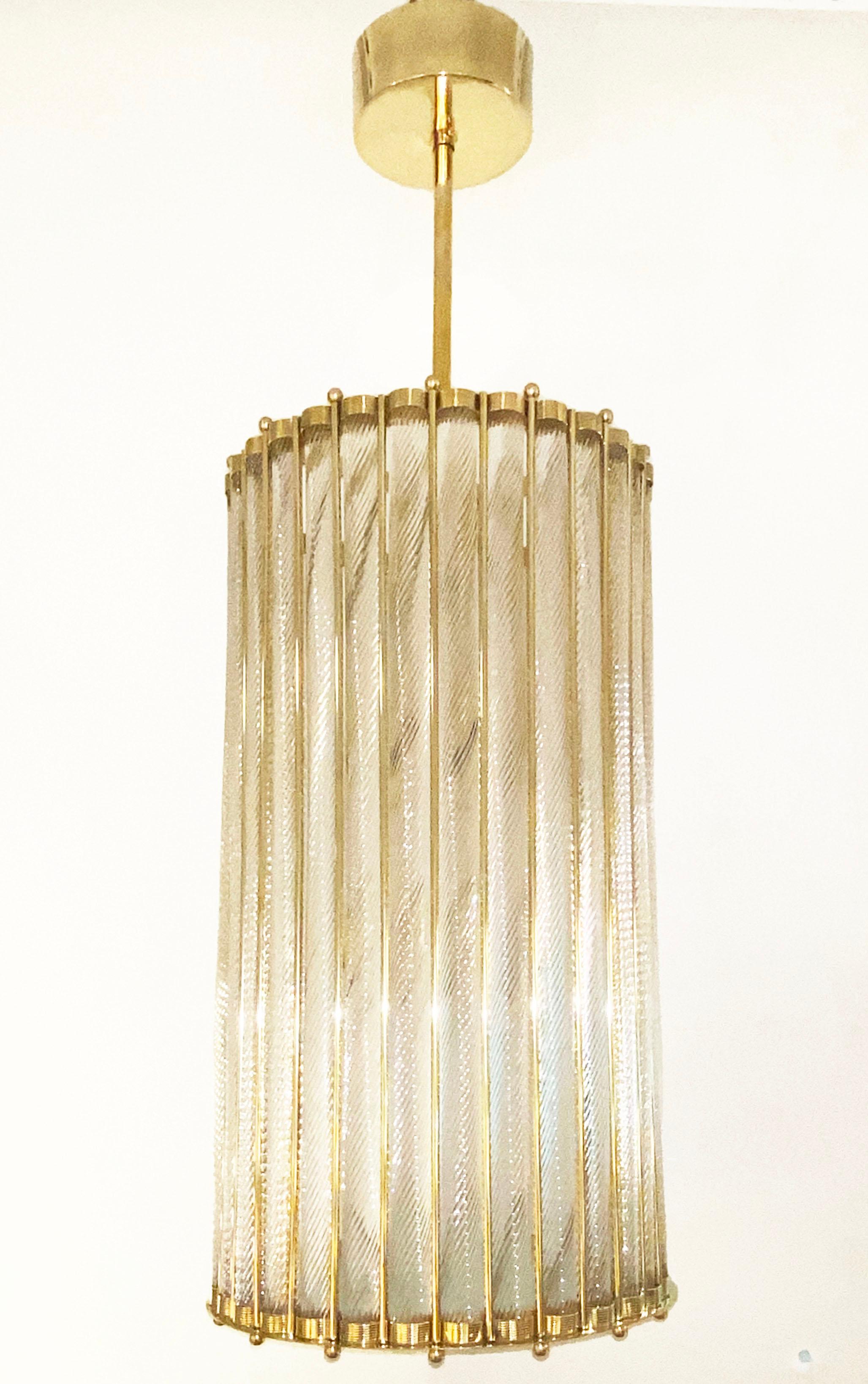 Italian Tall Crystal Twisted Murano Glass Brass Lantern Pendant/Chandelier For Sale 5