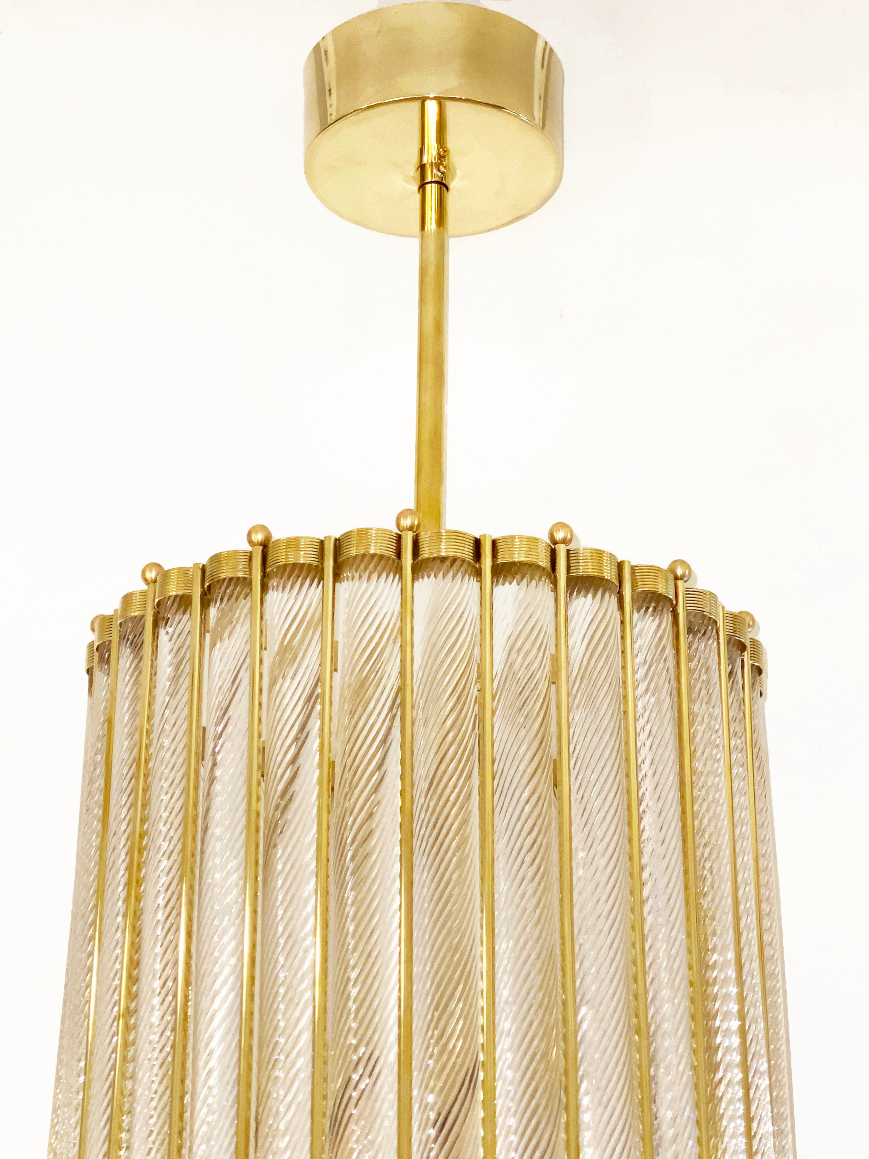 Italian Tall Crystal Twisted Murano Glass Brass Lantern Pendant/Chandelier For Sale 7