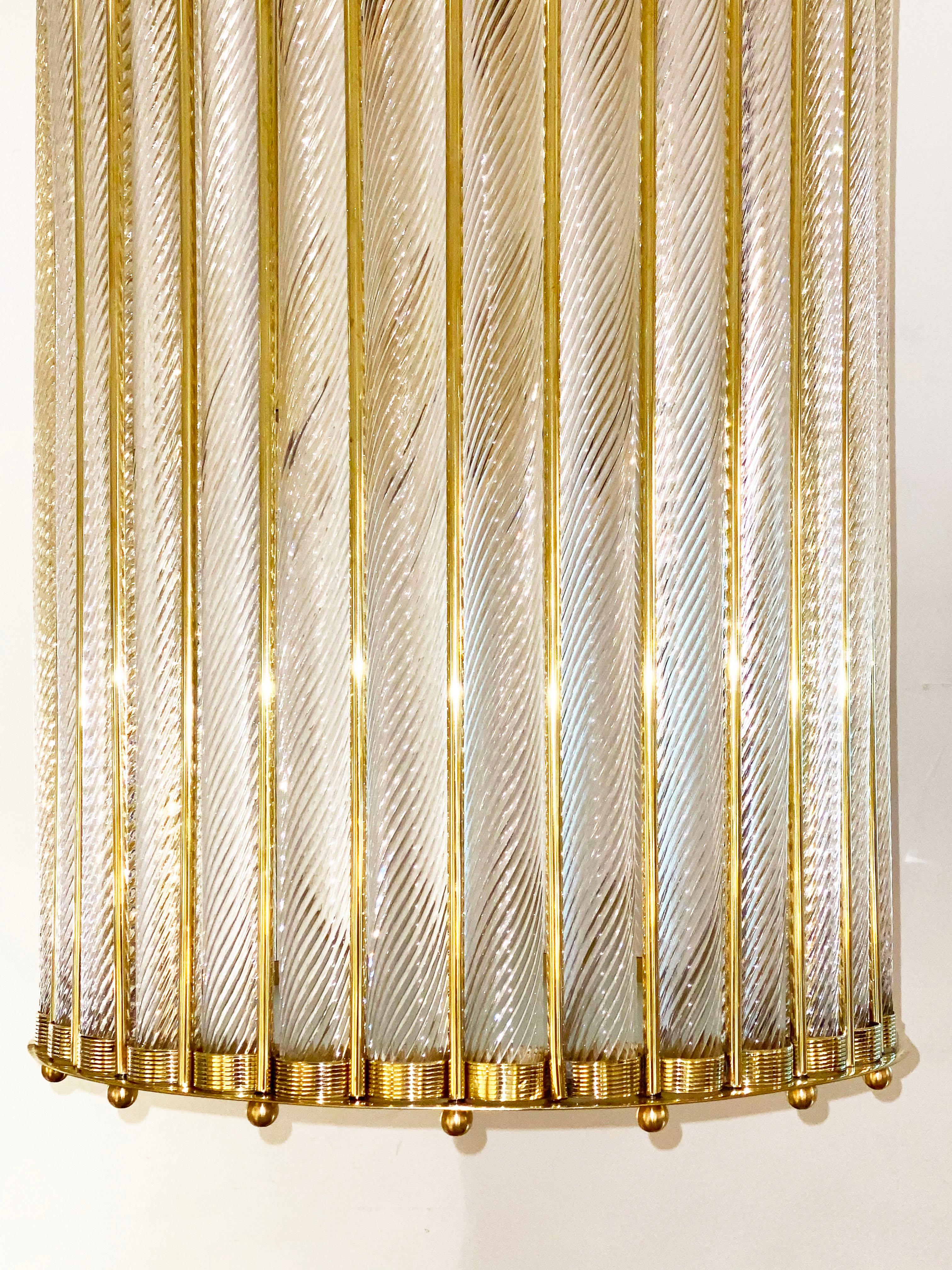 Art Deco Italian Tall Crystal Twisted Murano Glass Brass Lantern Pendant/Chandelier For Sale
