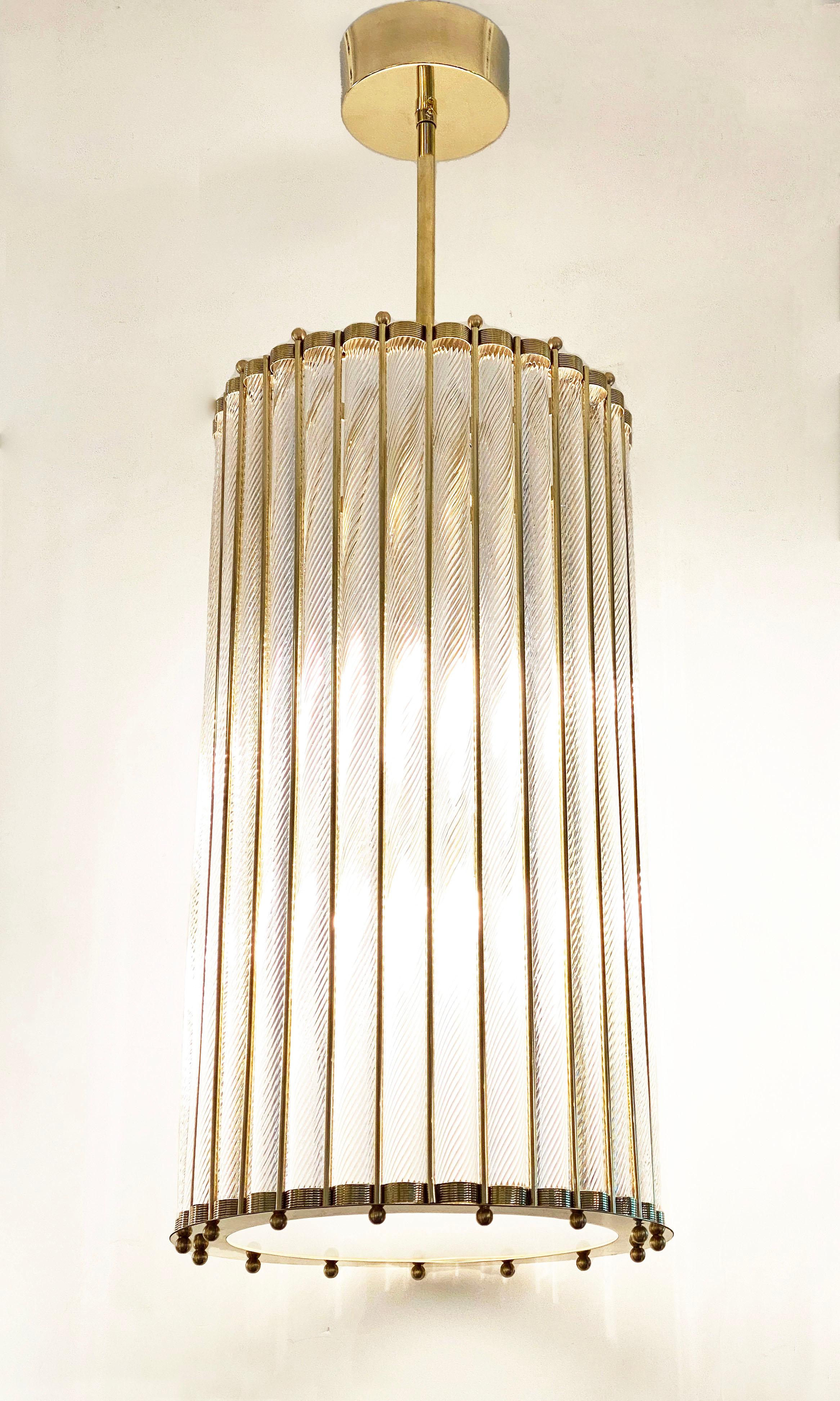 Italian Tall Crystal Twisted Murano Glass Brass Lantern Pendant / Chandelier For Sale 1