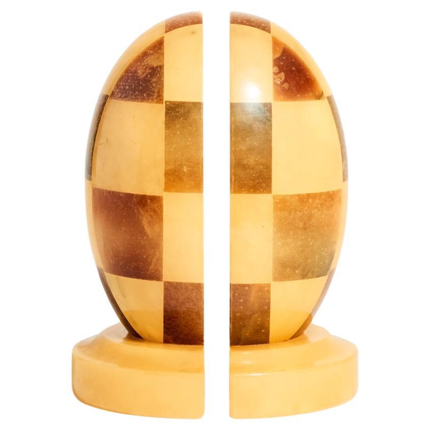 Italian Tan and Cream Checkered Alabaster Bookends