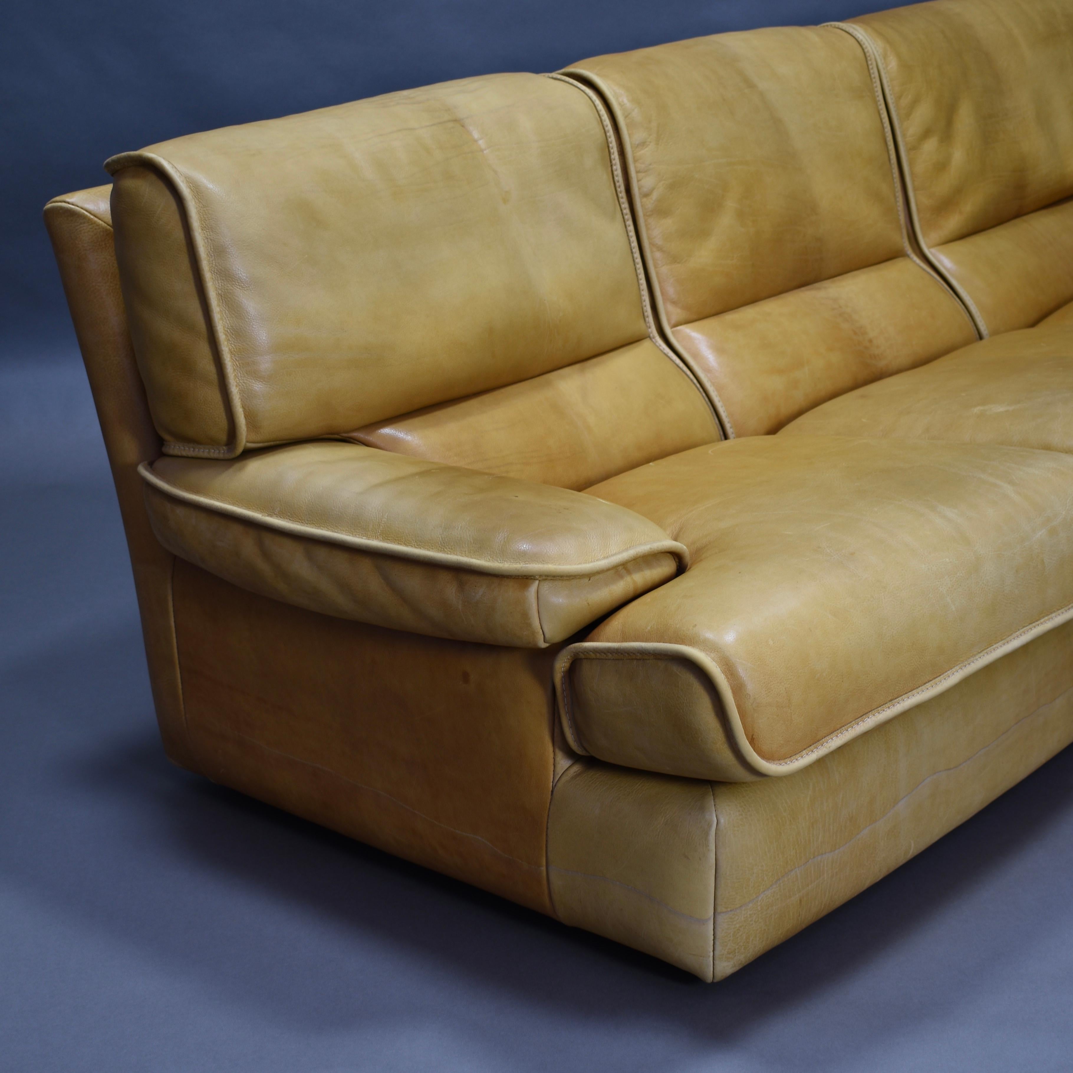 Italian Tan Leather Three-Seat Sofa, circa 1970 8