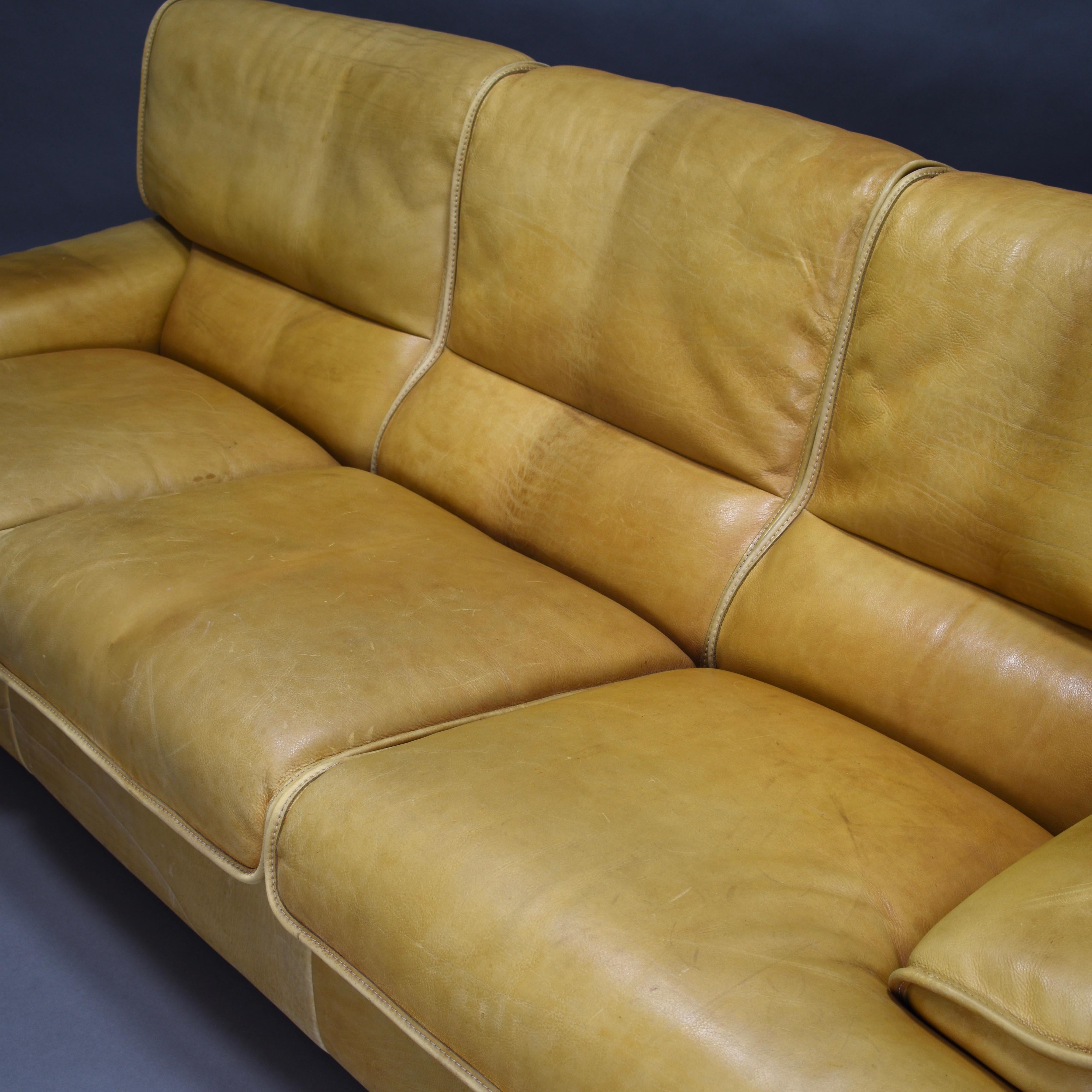 Italian Tan Leather Three-Seat Sofa, circa 1970 11