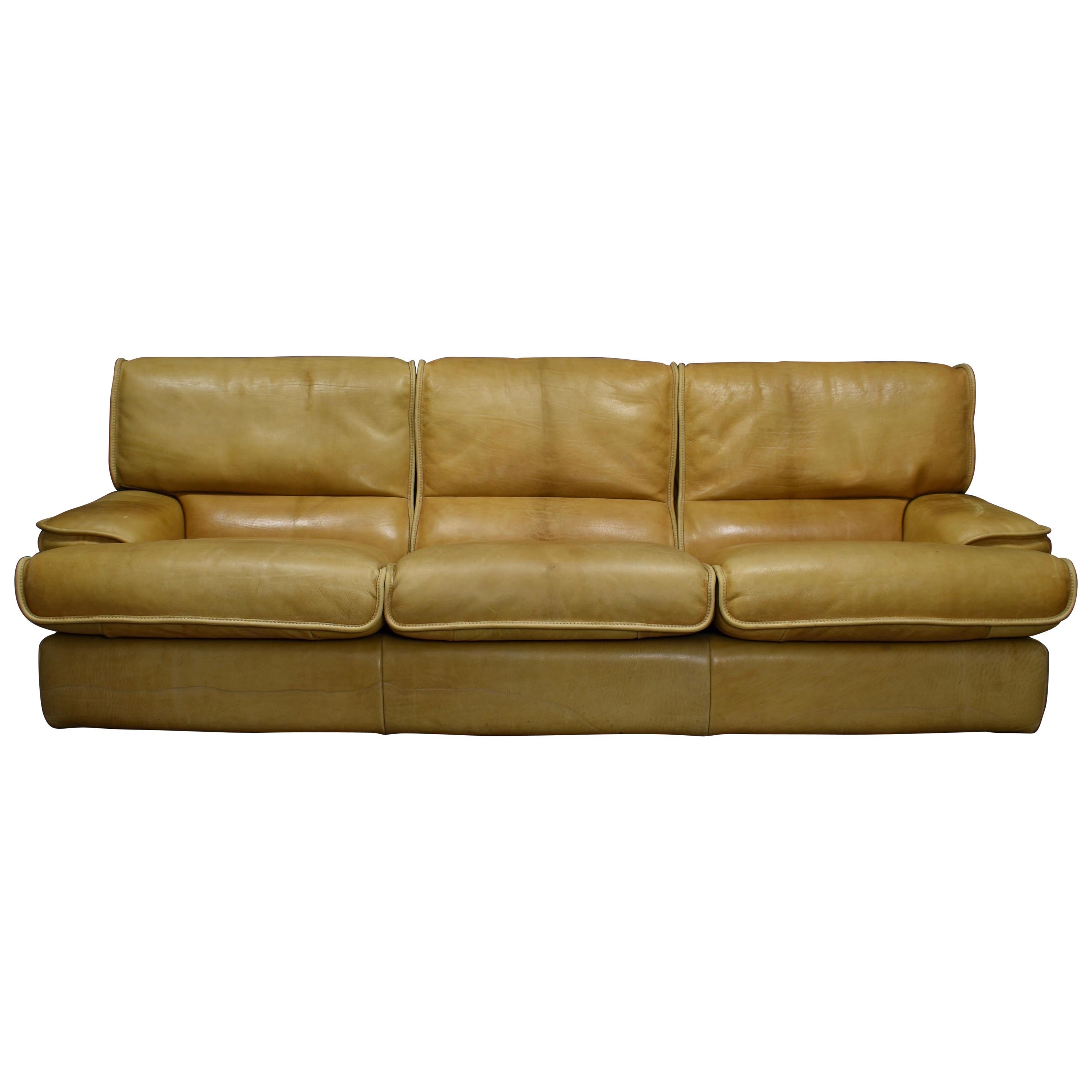 Italian Tan Leather Three-Seat Sofa, circa 1970