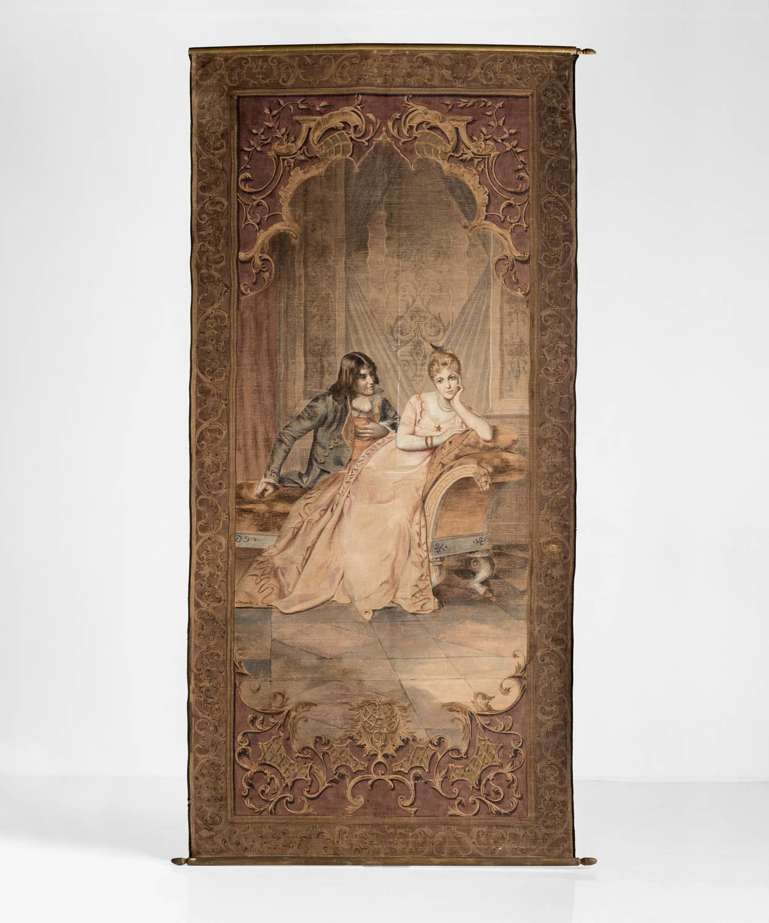 Italian tapestry, circa 19th century

Hand-painted “courtship” scene with wooden stretchers on each end.

Measures: 126