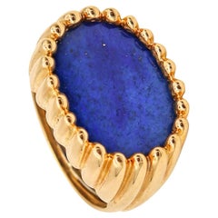 Italian Tartelette Signet Fluted Ring 18Kt Gold 7.74 Cts in Blue Lapis Lazuli