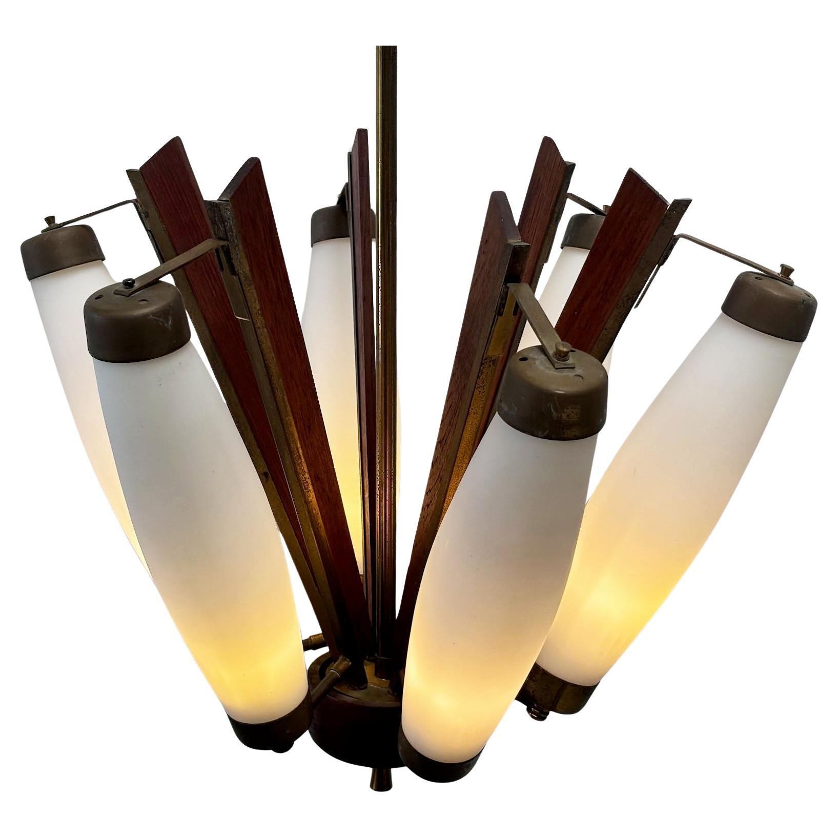 Italian teak and brass chandelier For Sale