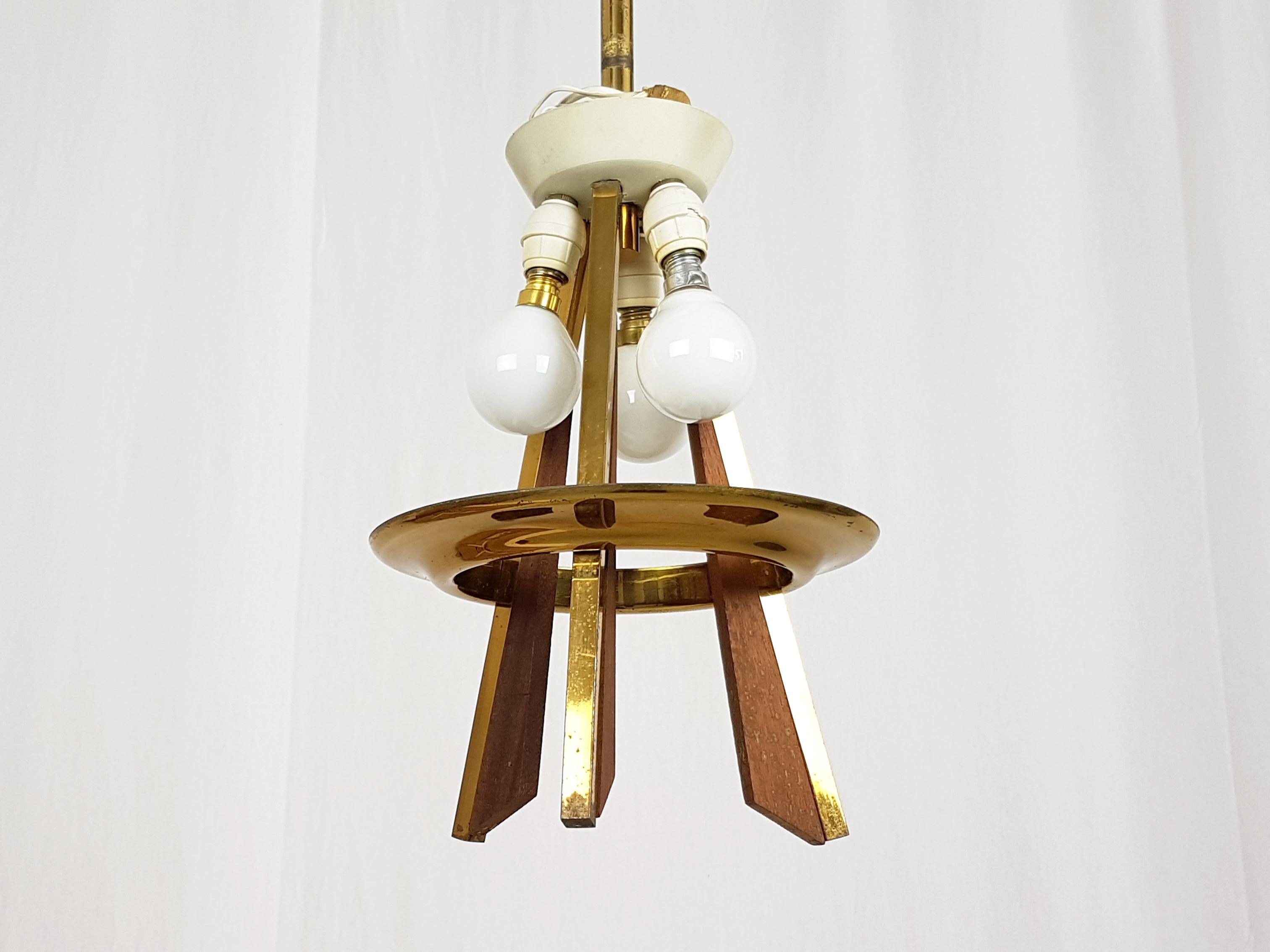 Italian Teak, Brass & Opaline Glass Shade 1960s Pendant Lamp For Sale 6