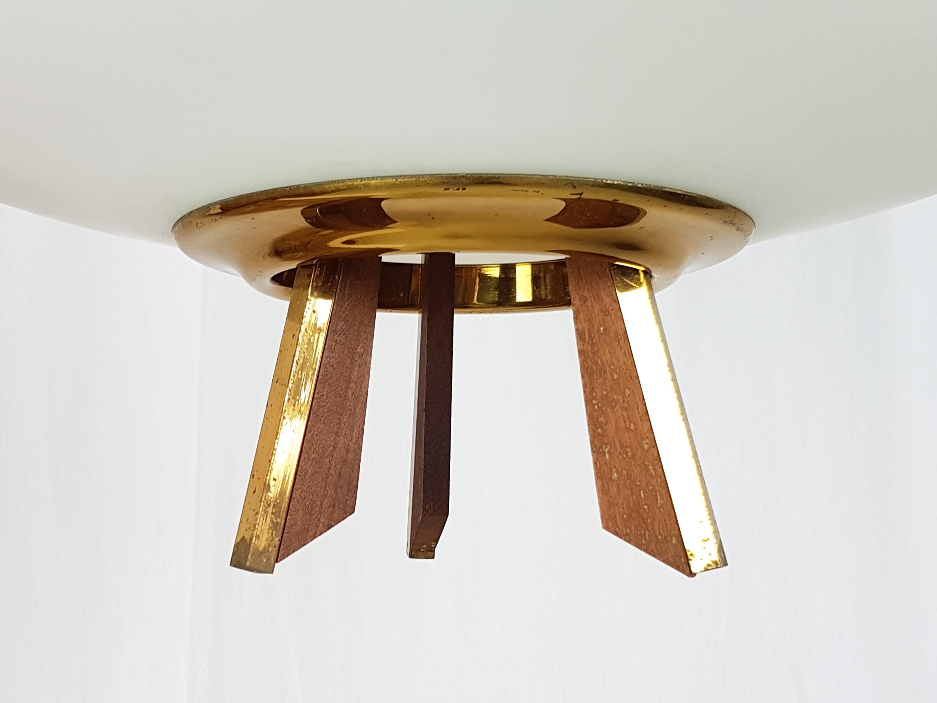 Mid-Century Modern Italian Teak, Brass & Opaline Glass Shade 1960s Pendant Lamp For Sale