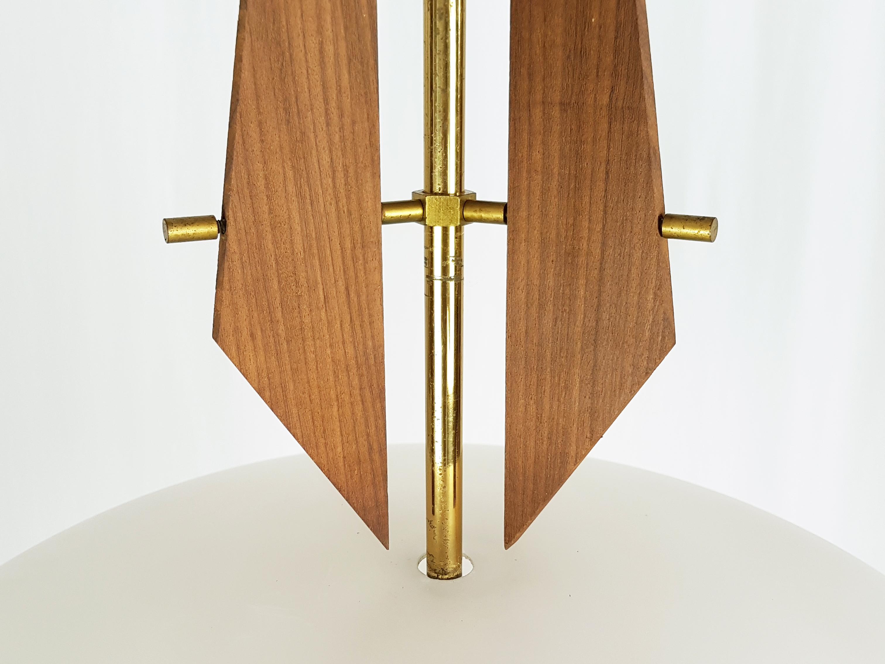 Mid-20th Century Italian Teak, Brass & Opaline Glass Shade 1960s Pendant Lamp For Sale