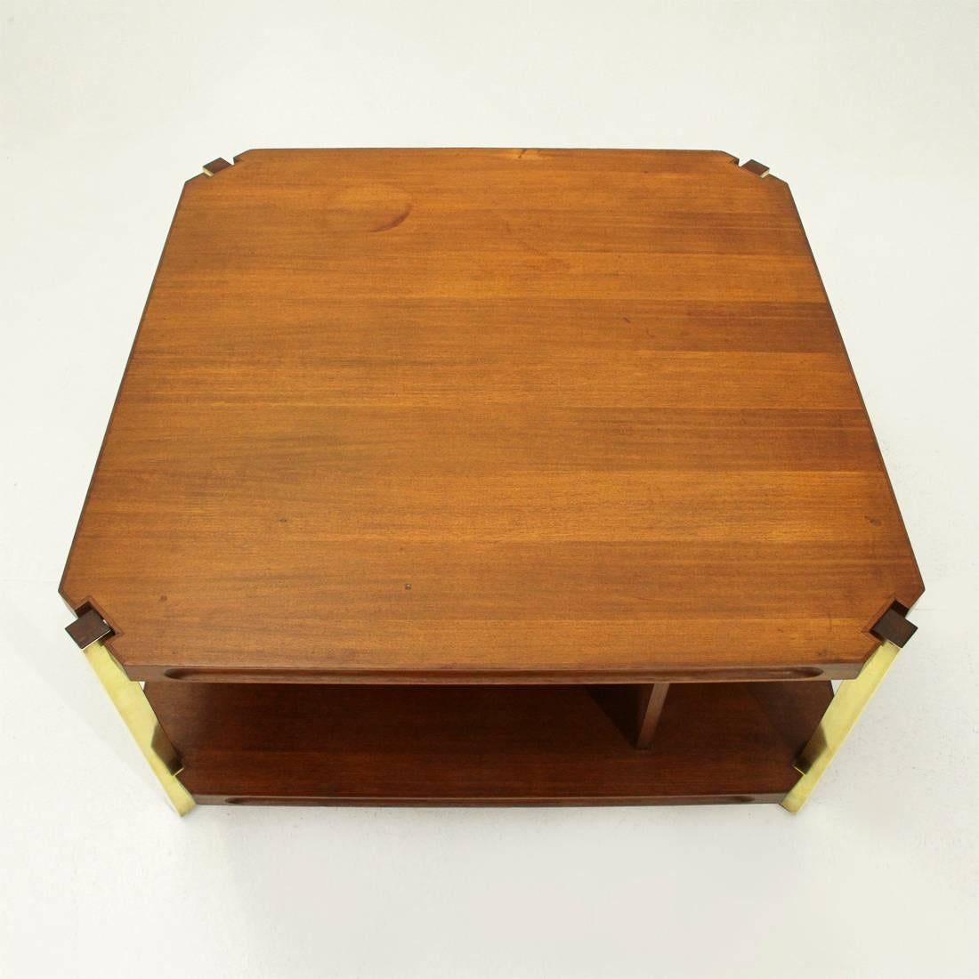 Italian Teak Coffee Table with Brass Legs, 1960s In Good Condition In Savona, IT