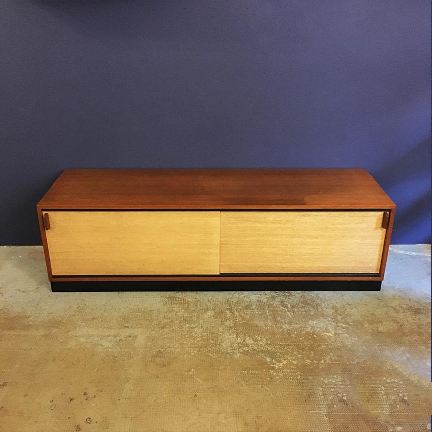 Italian teak sideboard with wall cabinets, 1960s. Teak sideboard with double sliding door covered in hemp and with shaped teak handle. Equipped with wall cabinets: one covered in hemp on the top, like the sideboard and the flap bar completely in