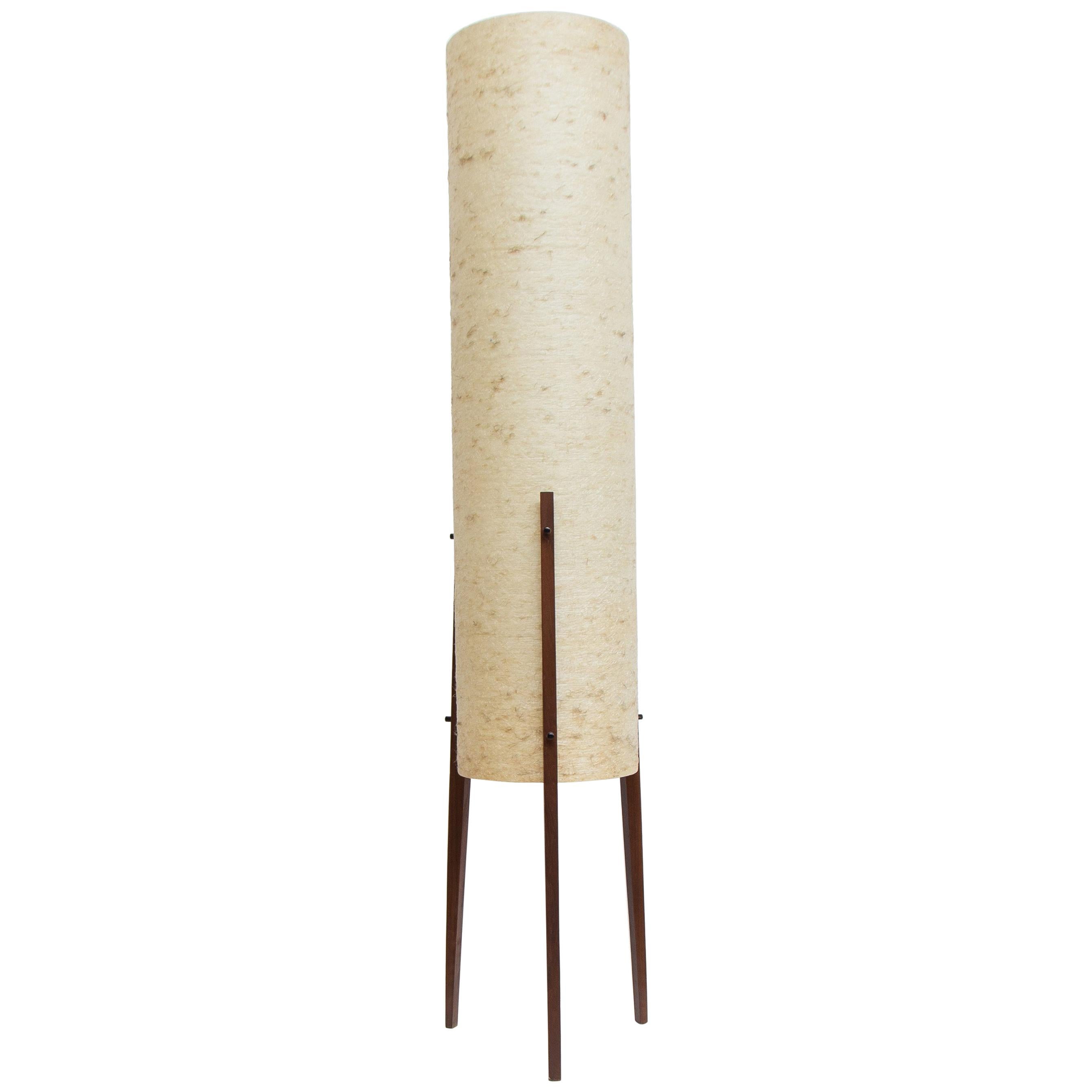 Italian Teak Tripod Floor Lamp with High Cylindrical Fiberglass Cream Shade