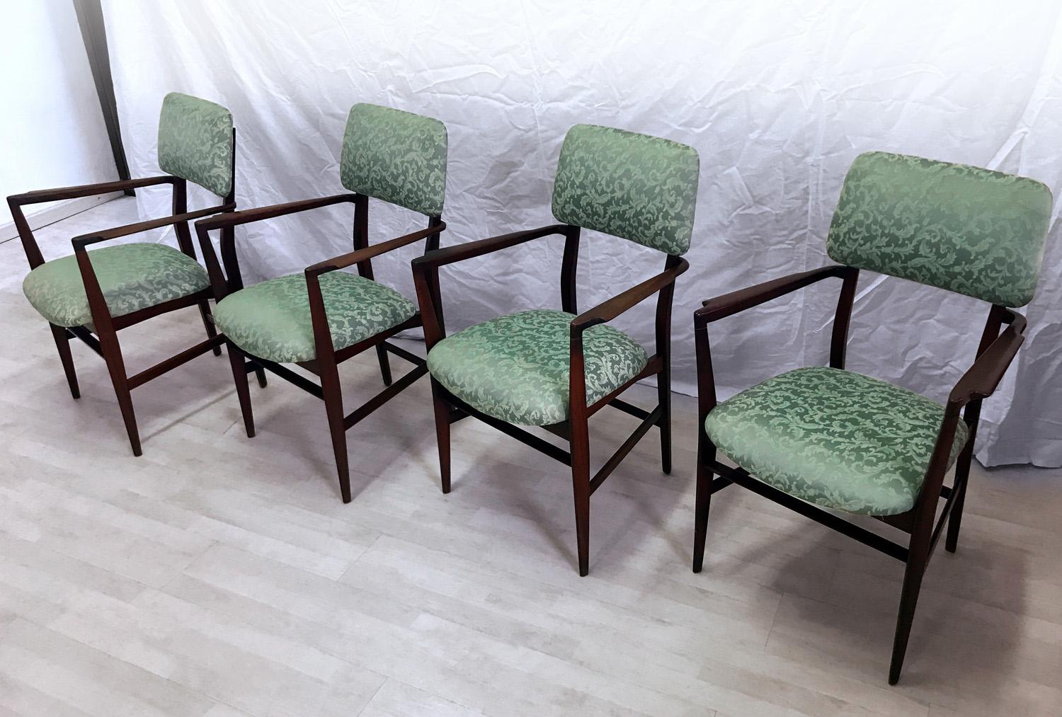 Mid-Century Modern Italian Teakwood and Green Dining Chairs by Vittorio Dassi, Set of 4, 1950s