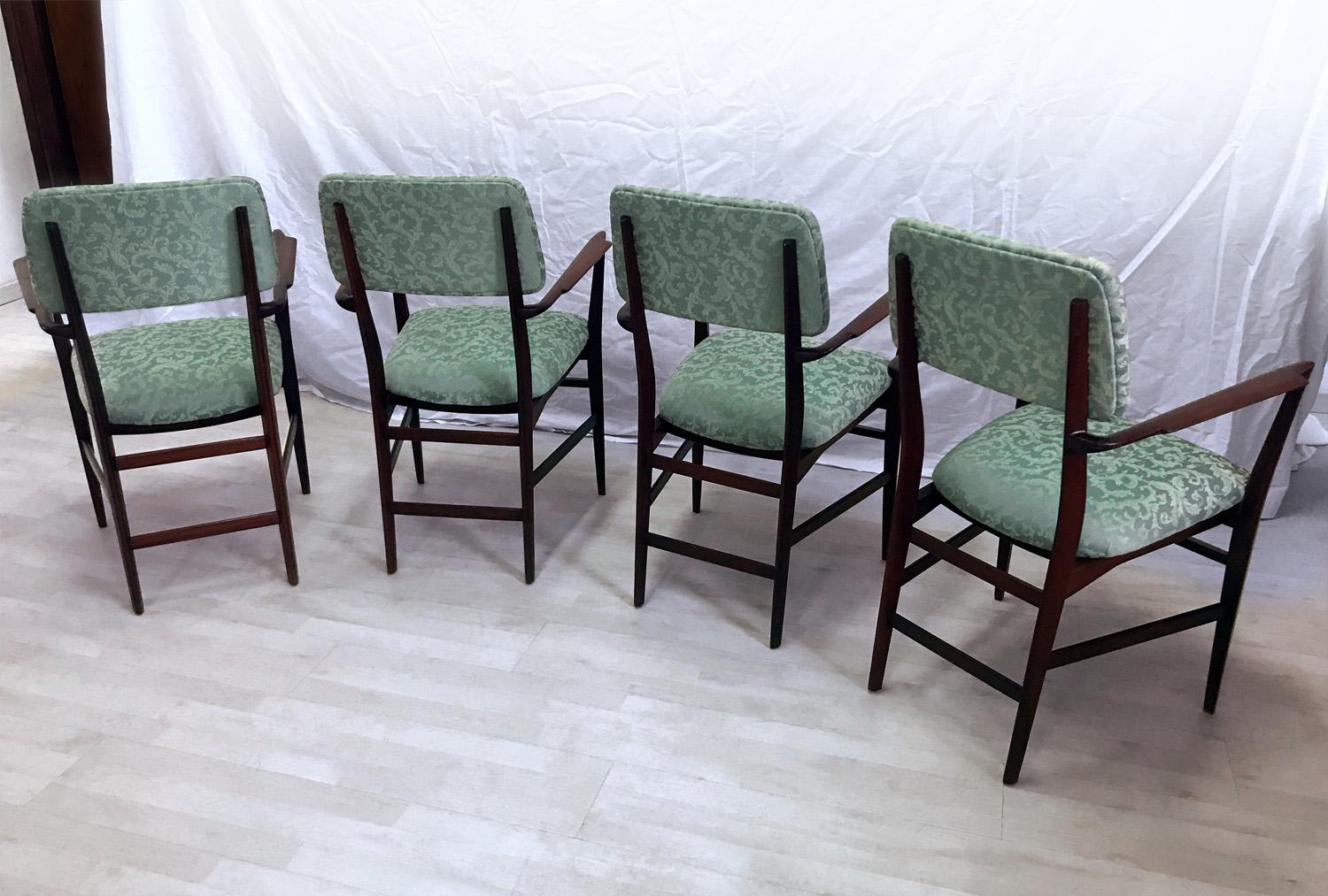 Italian Teakwood and Green Dining Chairs by Vittorio Dassi, Set of 4, 1950s In Good Condition In Traversetolo, IT