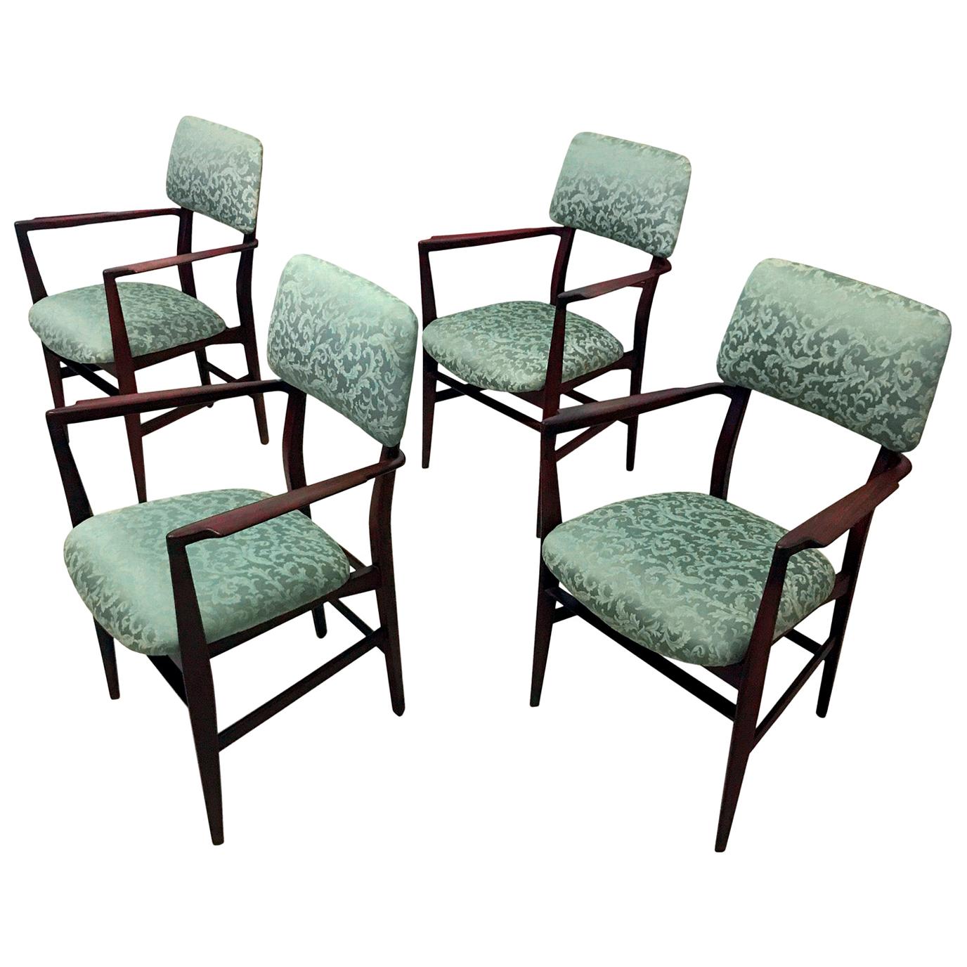 Italian Teakwood and Green Dining Chairs by Vittorio Dassi, Set of 4, 1950s