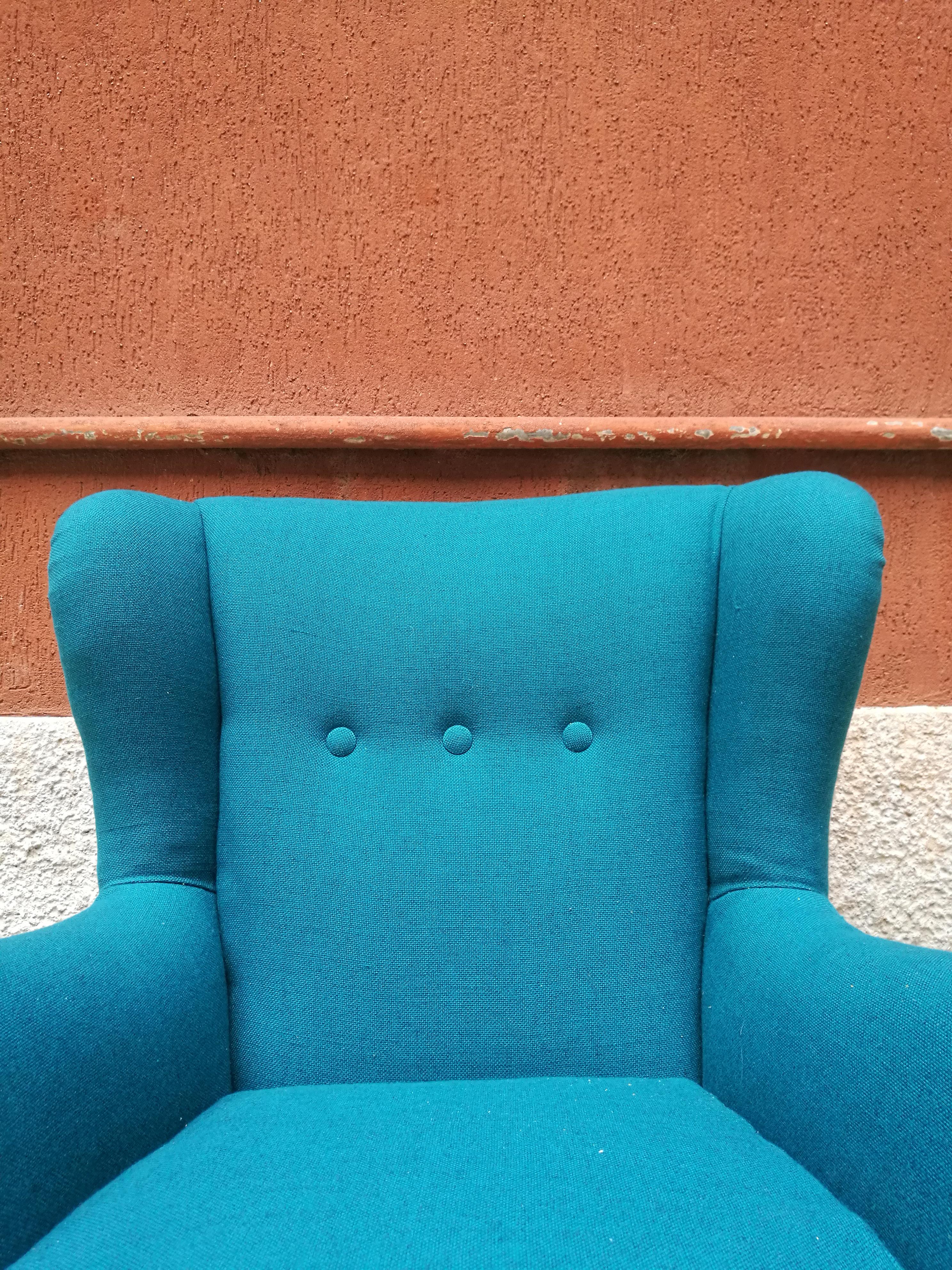 Mid-Century Modern Italian Teal-Colored Cotton and Beech Armchair, 1960s