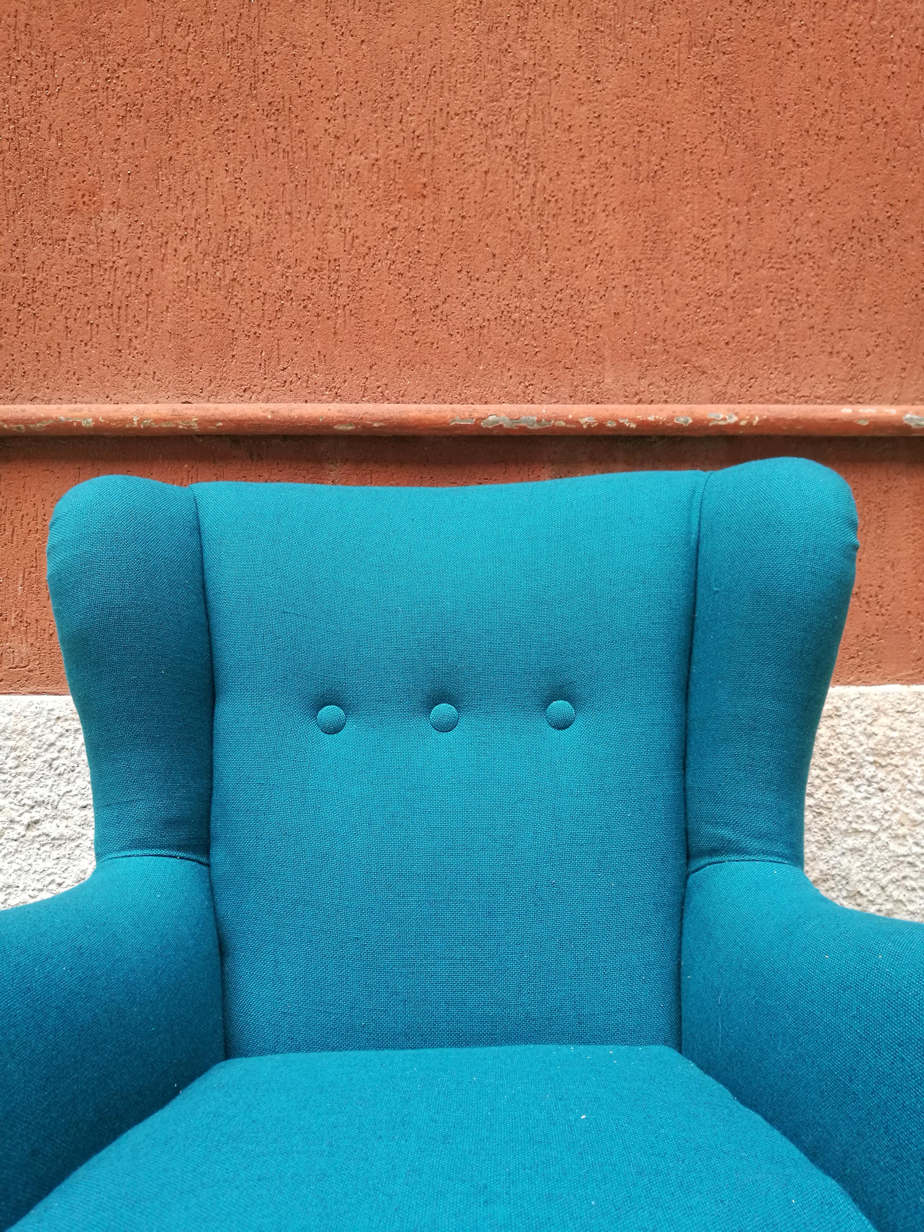 Tissu Fauteuil italien en coton et hêtre couleur sarcelle, années 1960