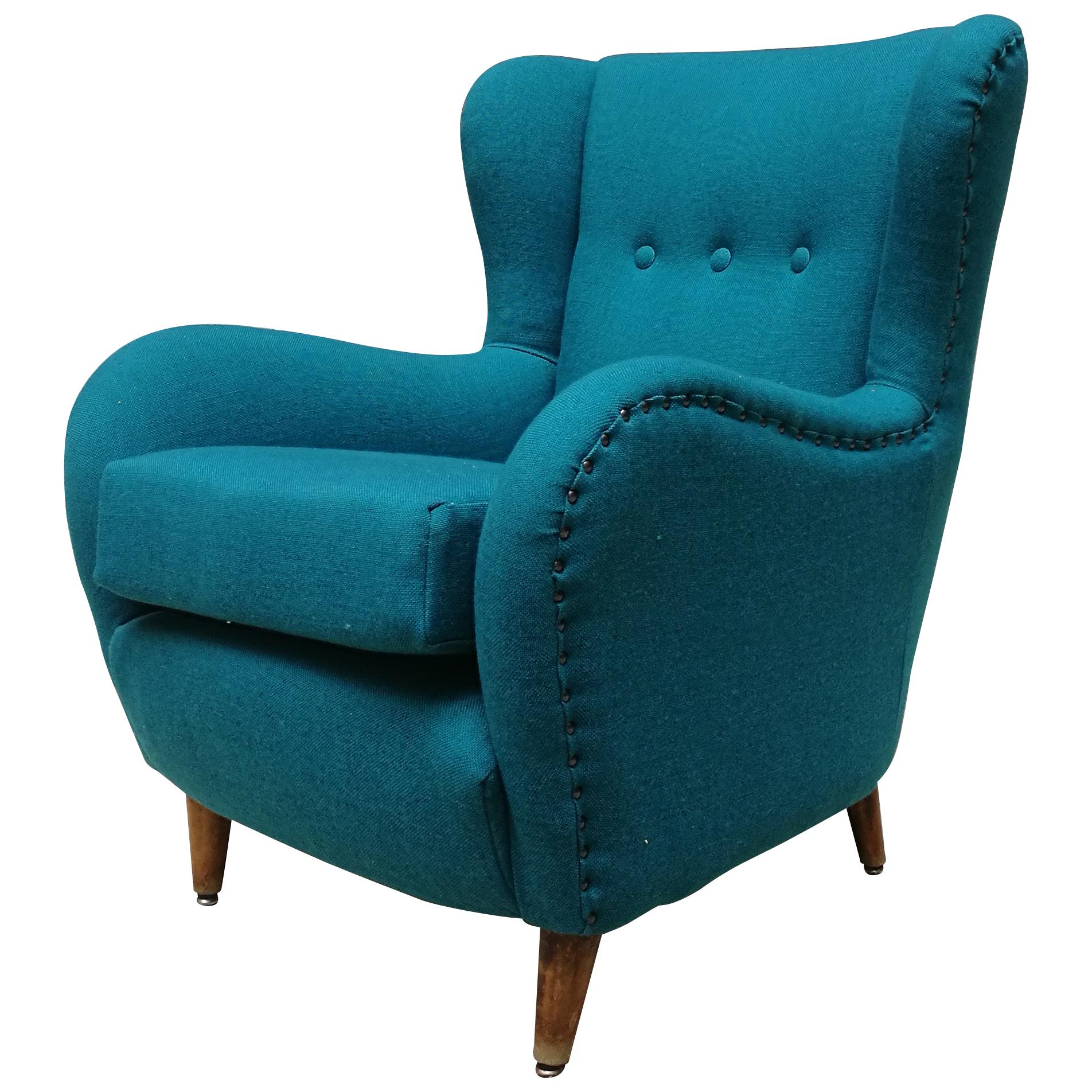 Italian Teal-Colored Cotton and Beech Armchair, 1960s