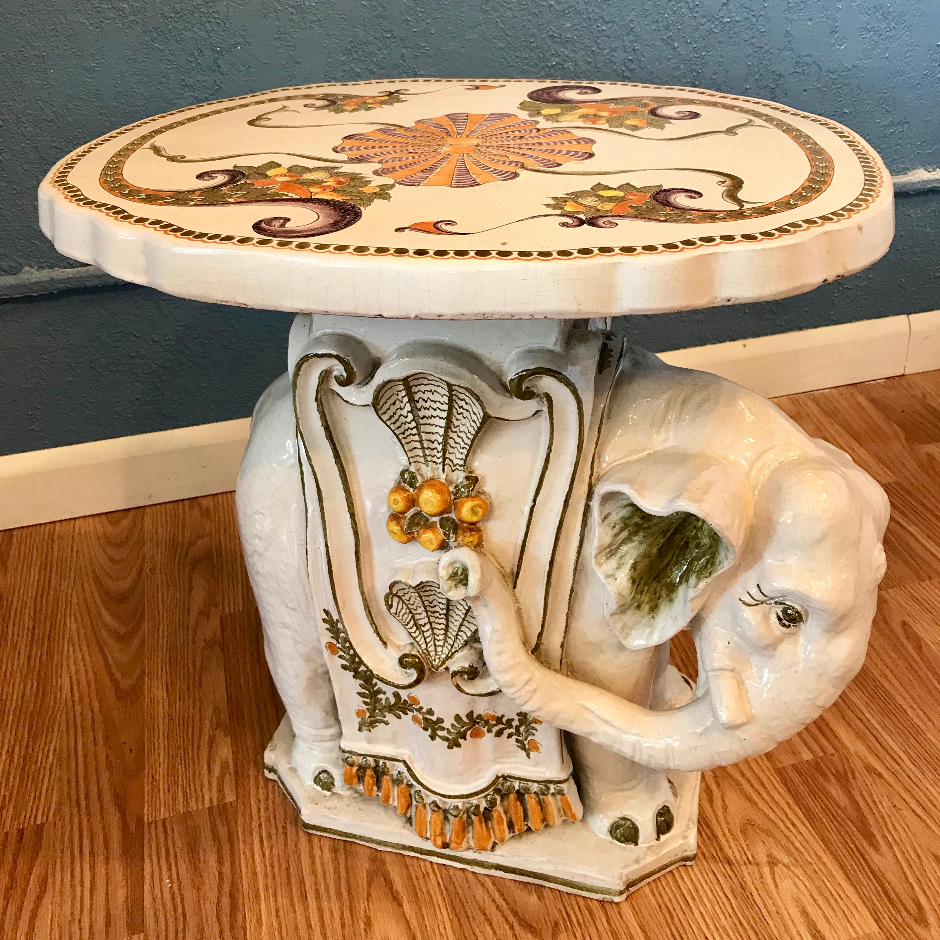 A fanciful table, the elephant is posed with his trunk curled up to its side.
The top is hand painted and decorated with cornucopia.
Table top measures 15
