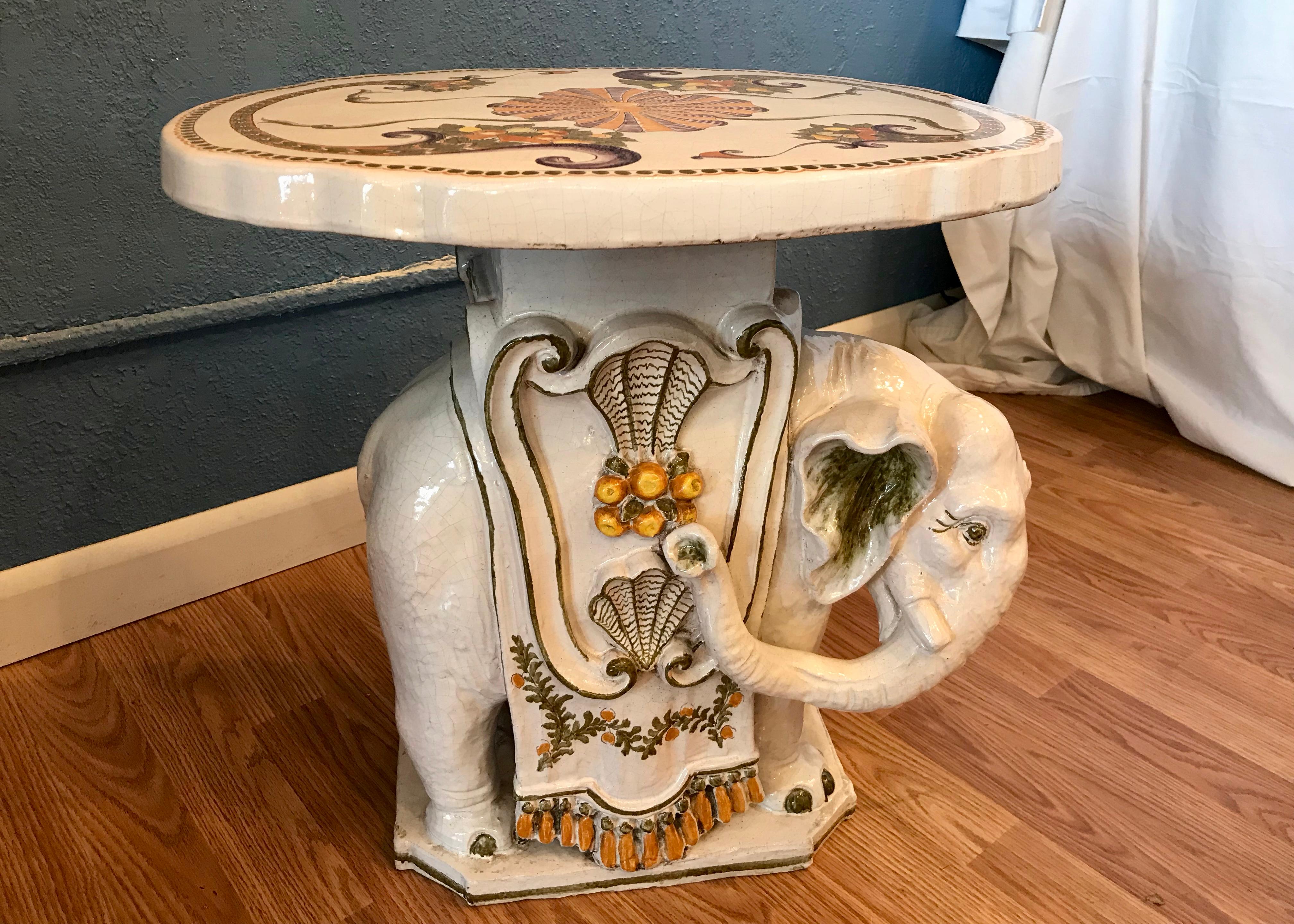 Hand-Painted Italian Terracotta Elephant Motif Table