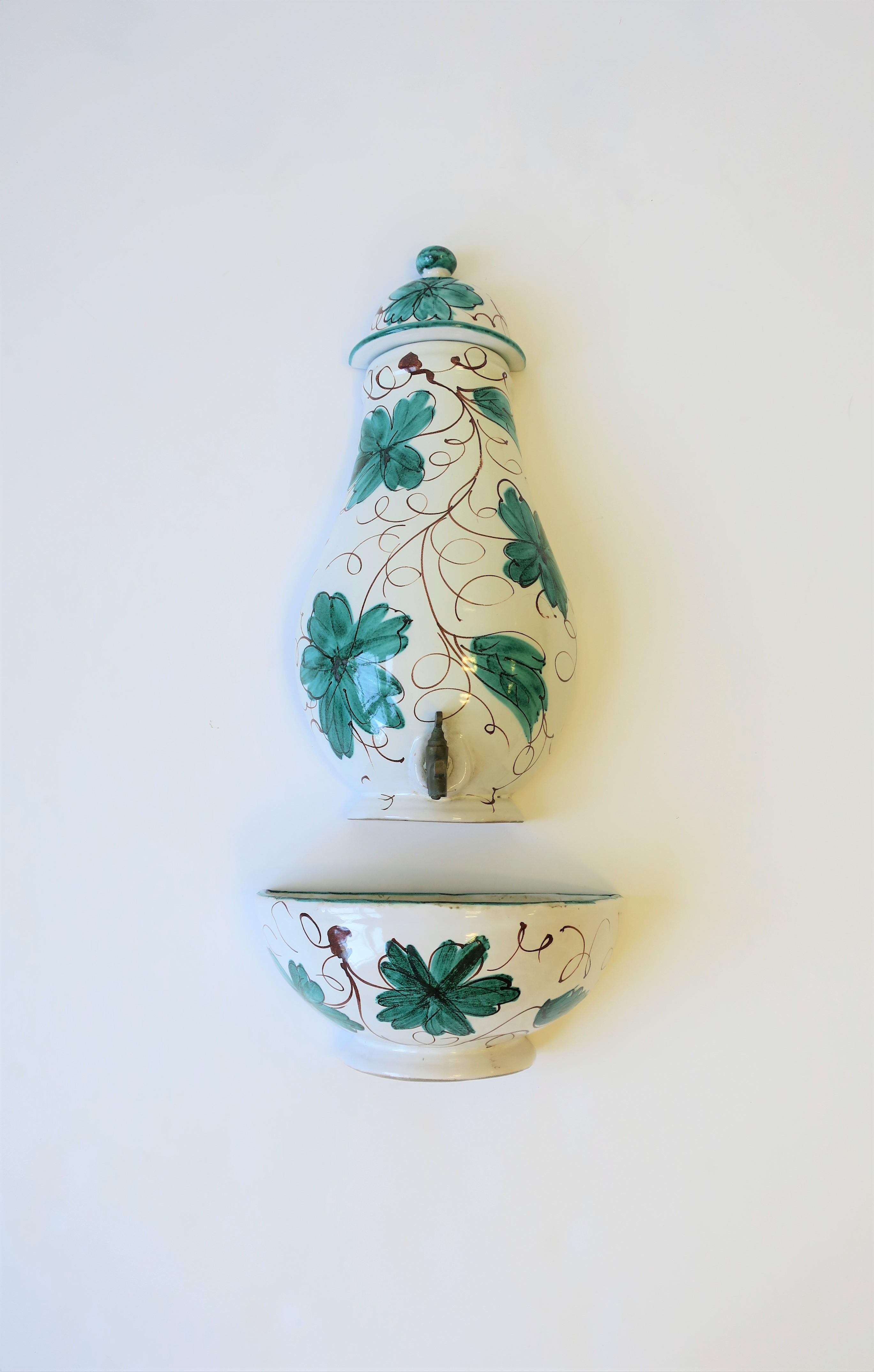 20th Century Italian White Terracotta Ceramic Garden Wall Fountain with Green Leaves For Sale