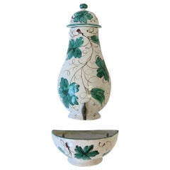 Retro Italian White Terracotta Ceramic Garden Wall Fountain with Green Leaves