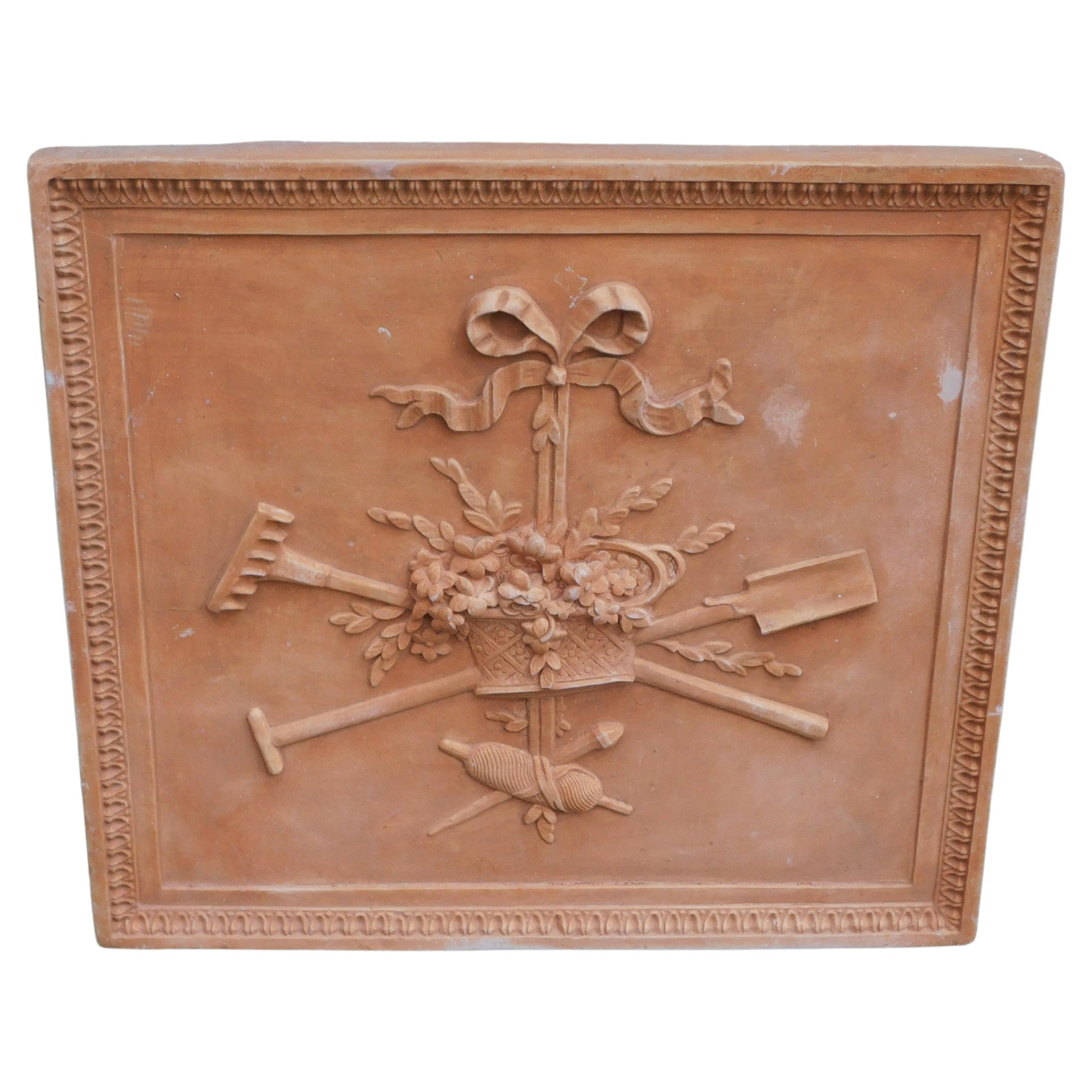 Italian Terracotta Garden Wall Hanging with Central Ribbon Flower Basket, C 1850 For Sale