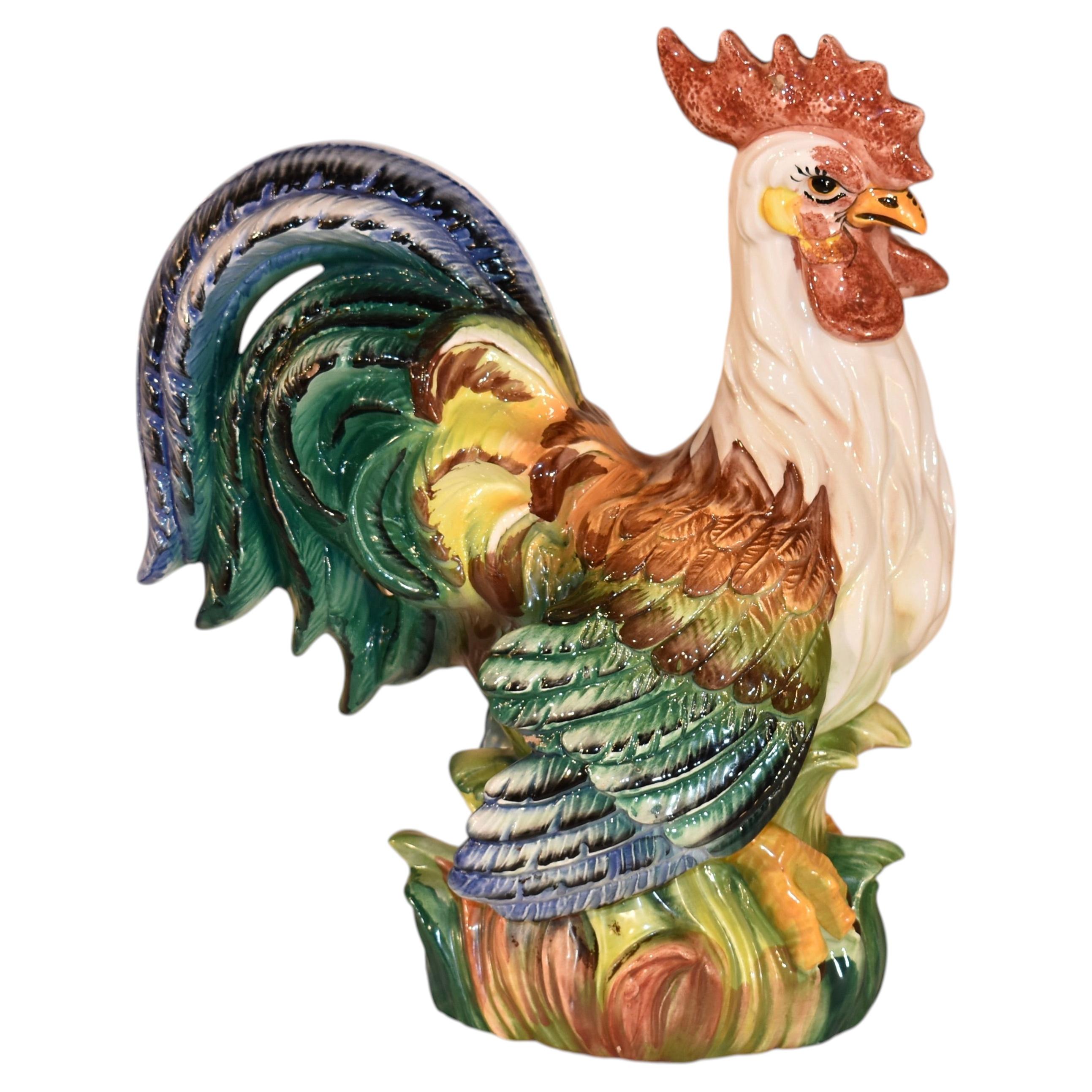 Italian Terracotta Hand-Painted Rooster Sculpture, Circa 1980's