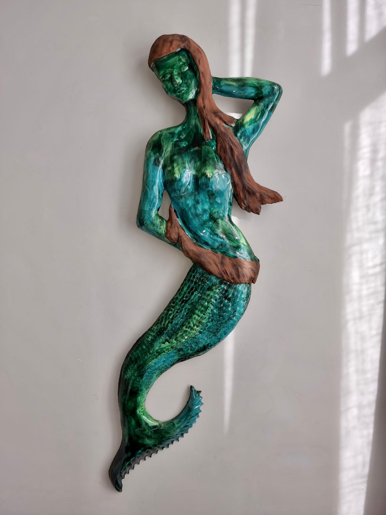 Glazed  Italian Terracotta Mermaid Wall Plaque  For Sale
