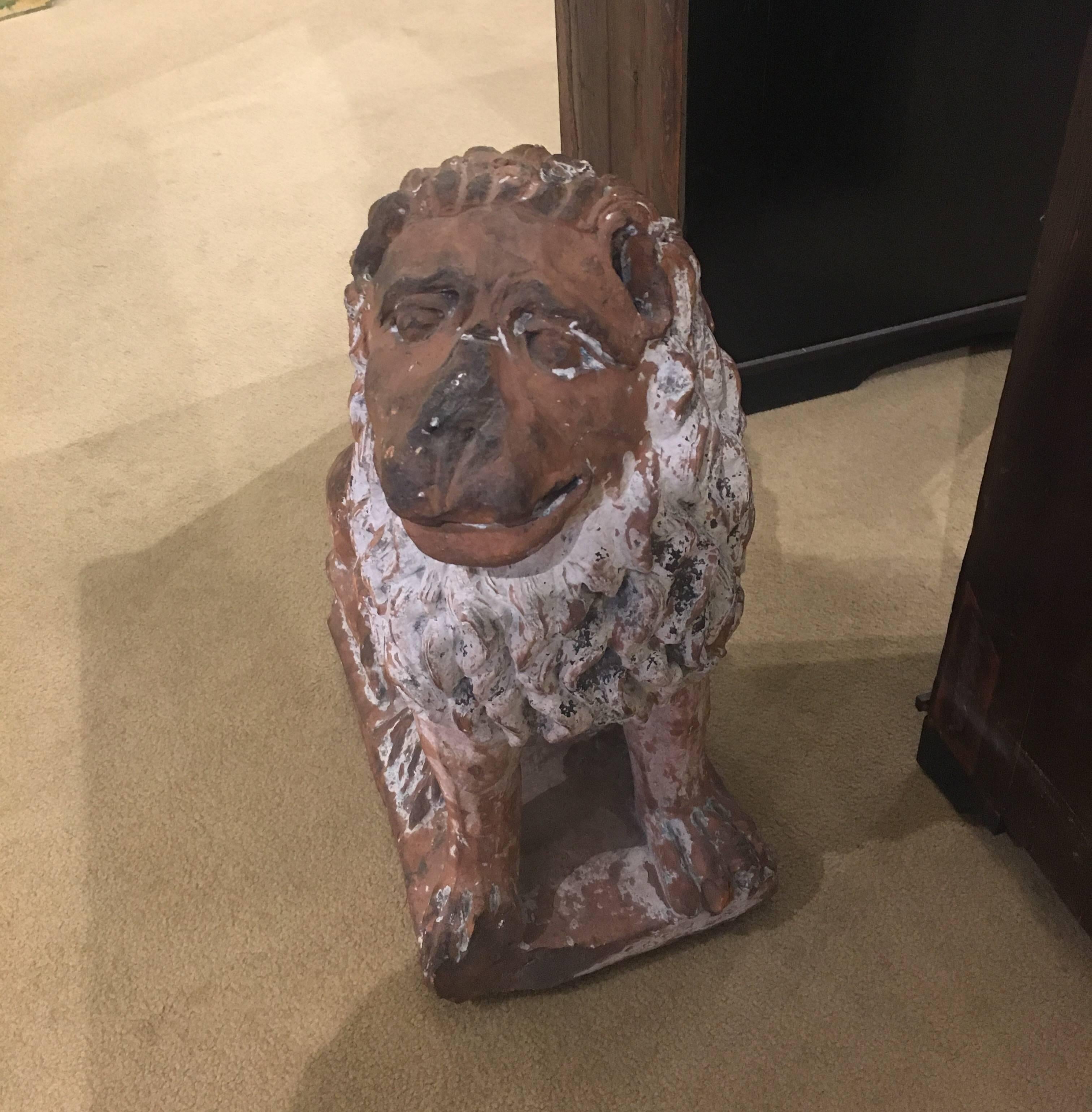 Strikingly handsome seated Italian terracotta lion. At one time painted white, but paint has faded and been lost, leaving him with a lovely patina.