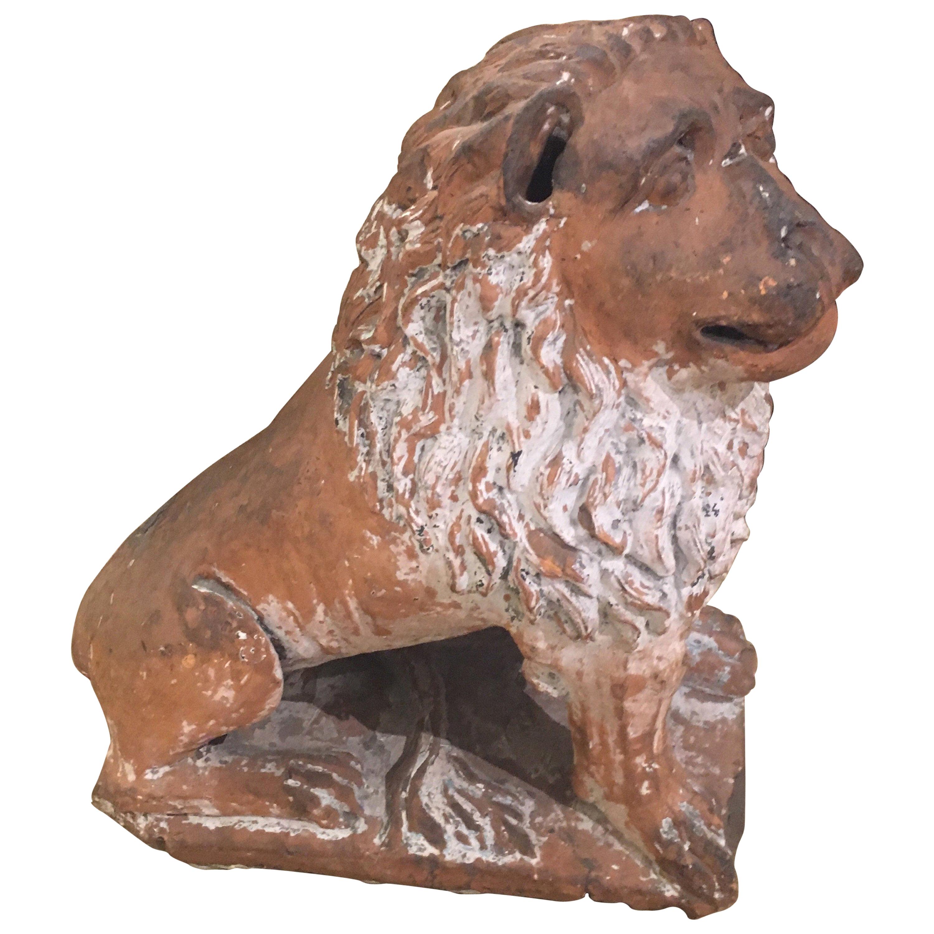 Italian Terracotta Painted Lion Statue For Sale