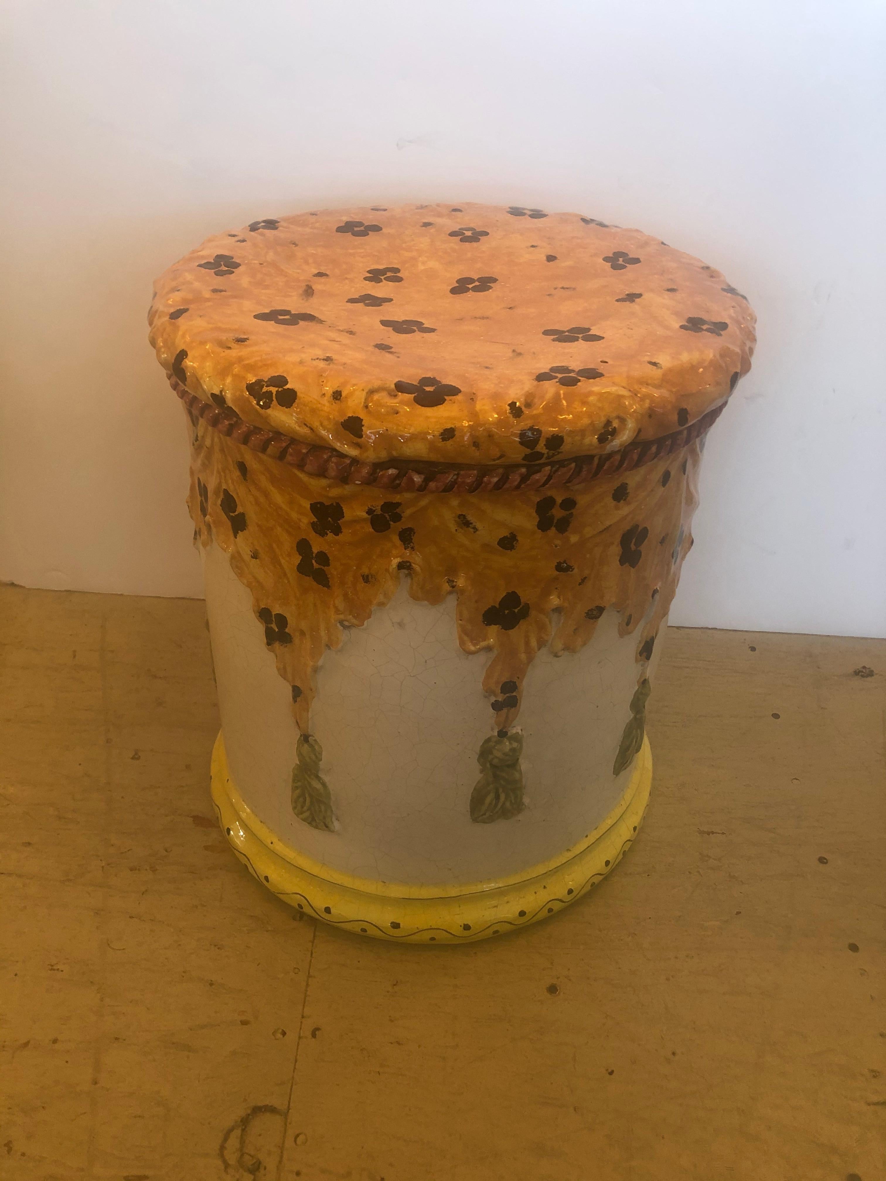 Italian Terracotta Round Painted Garden Seat End Table with Stylish Animal Print 2