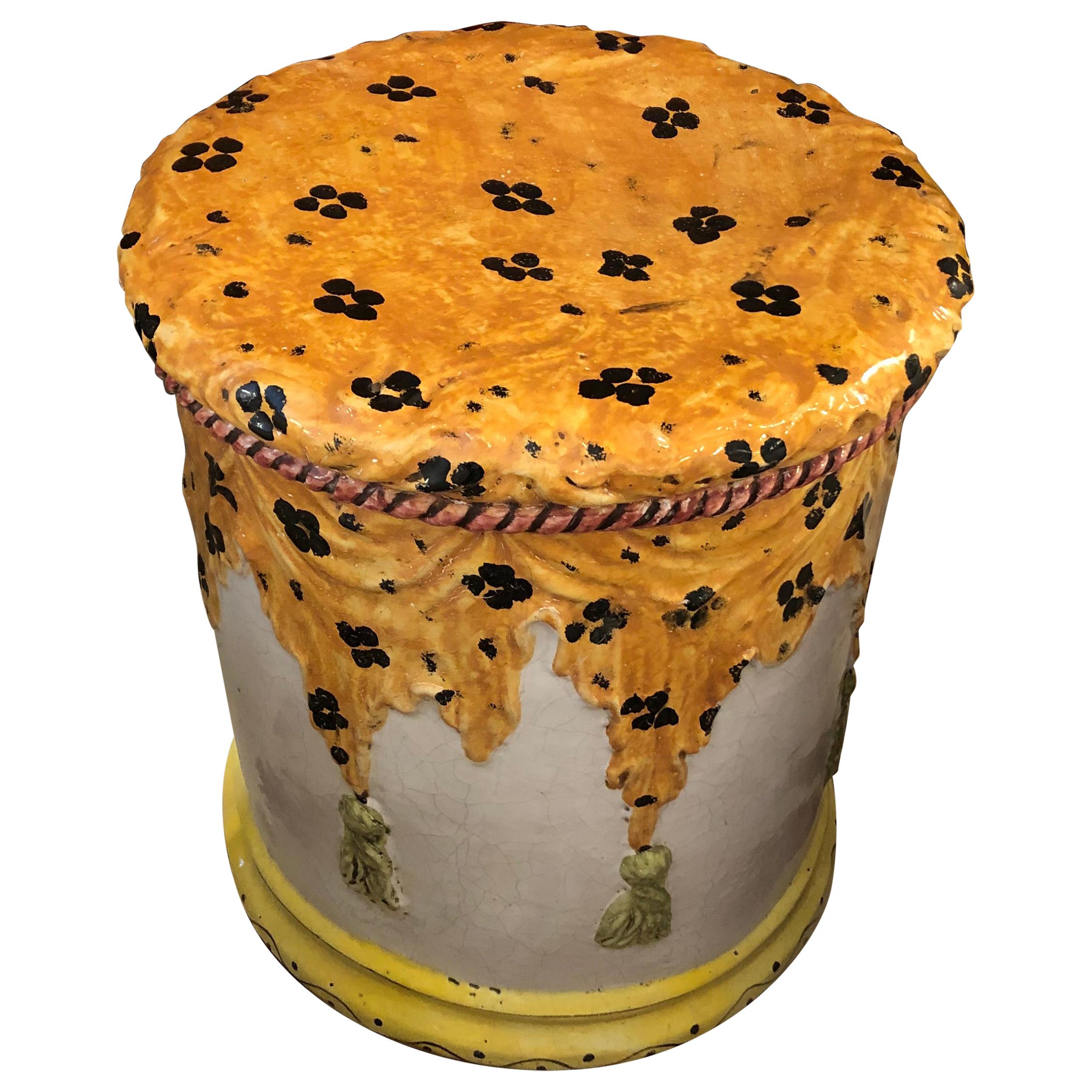 Italian Terracotta Round Painted Garden Seat End Table with Stylish Animal Print