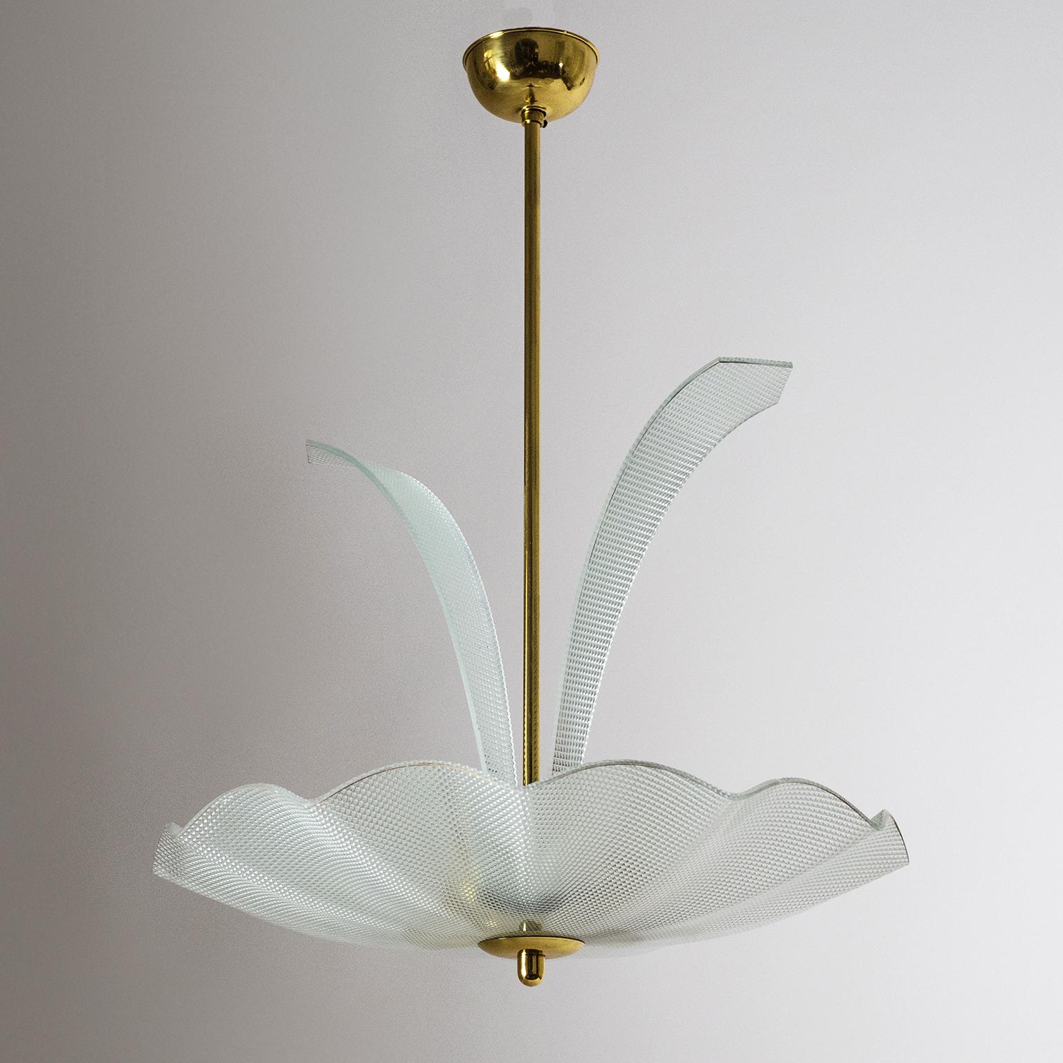 Italian Textured Glass and Brass Chandelier, 1950s 8