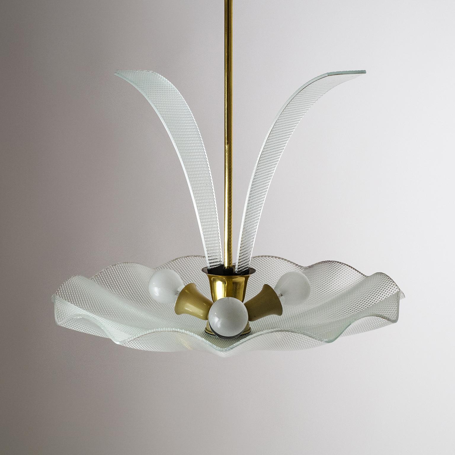 Italian Textured Glass and Brass Chandelier, 1950s 2