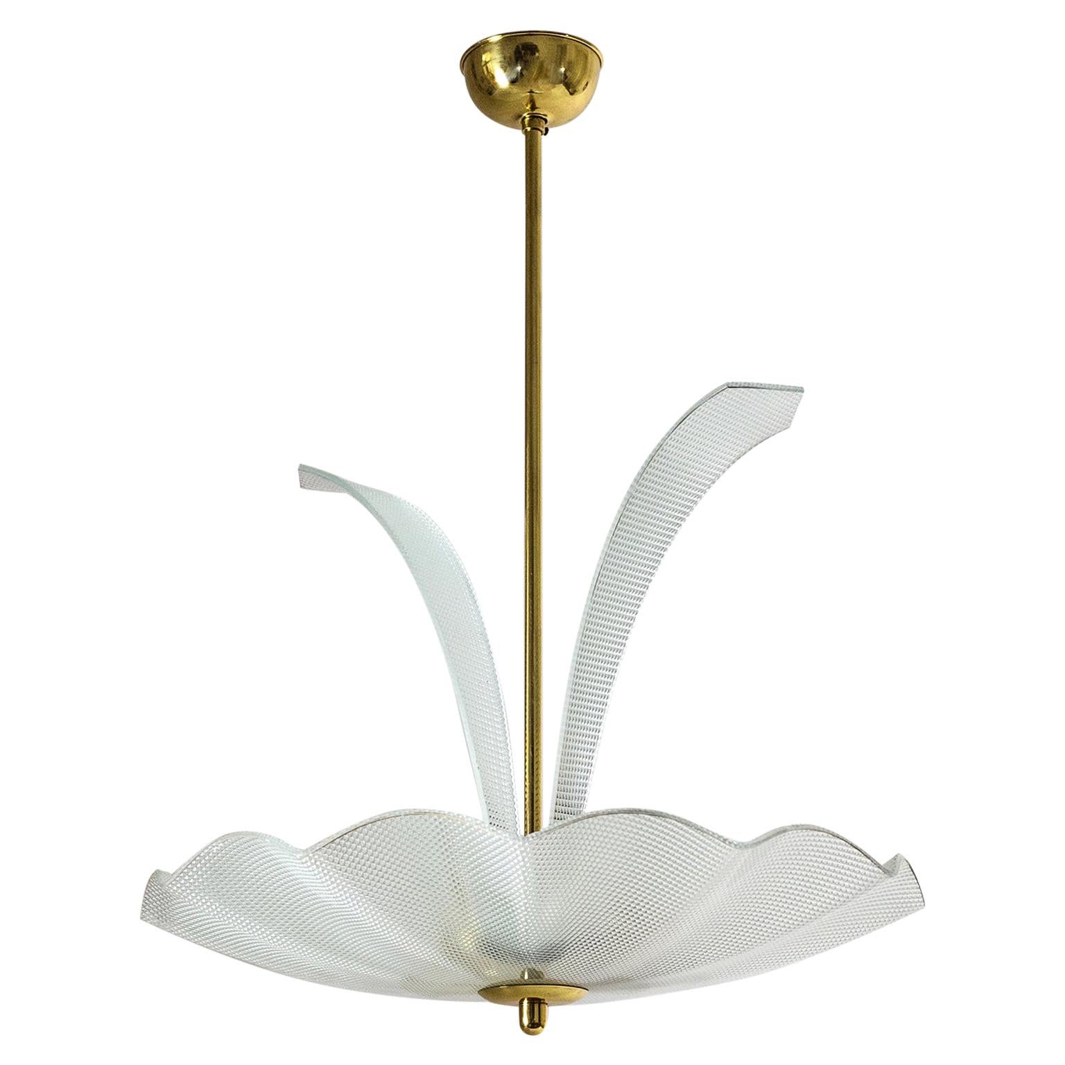 Italian Textured Glass and Brass Chandelier, 1950s