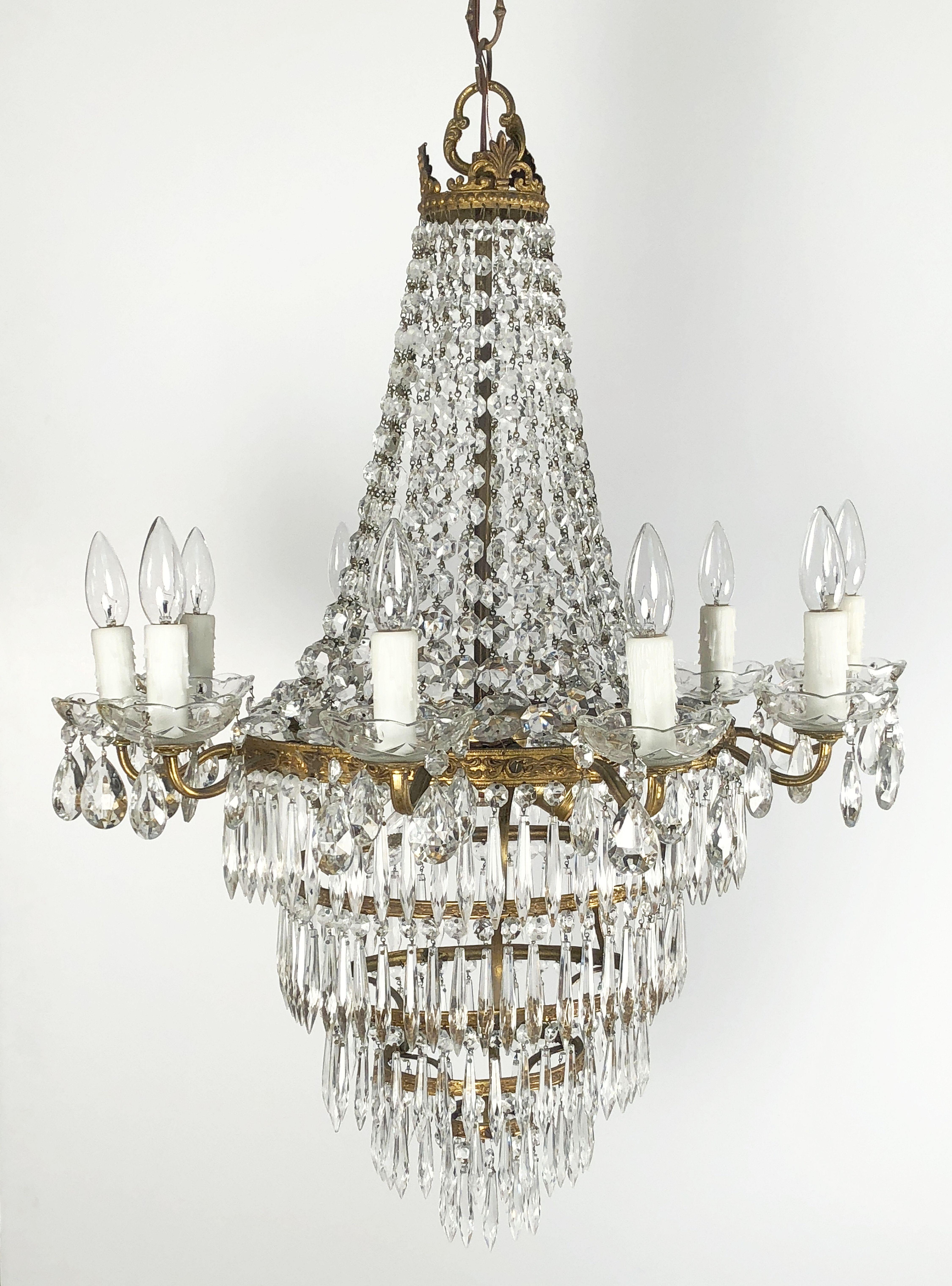 Gilt Italian Thirteen-Light Drop Crystal Chandelier, Empire Style For Sale