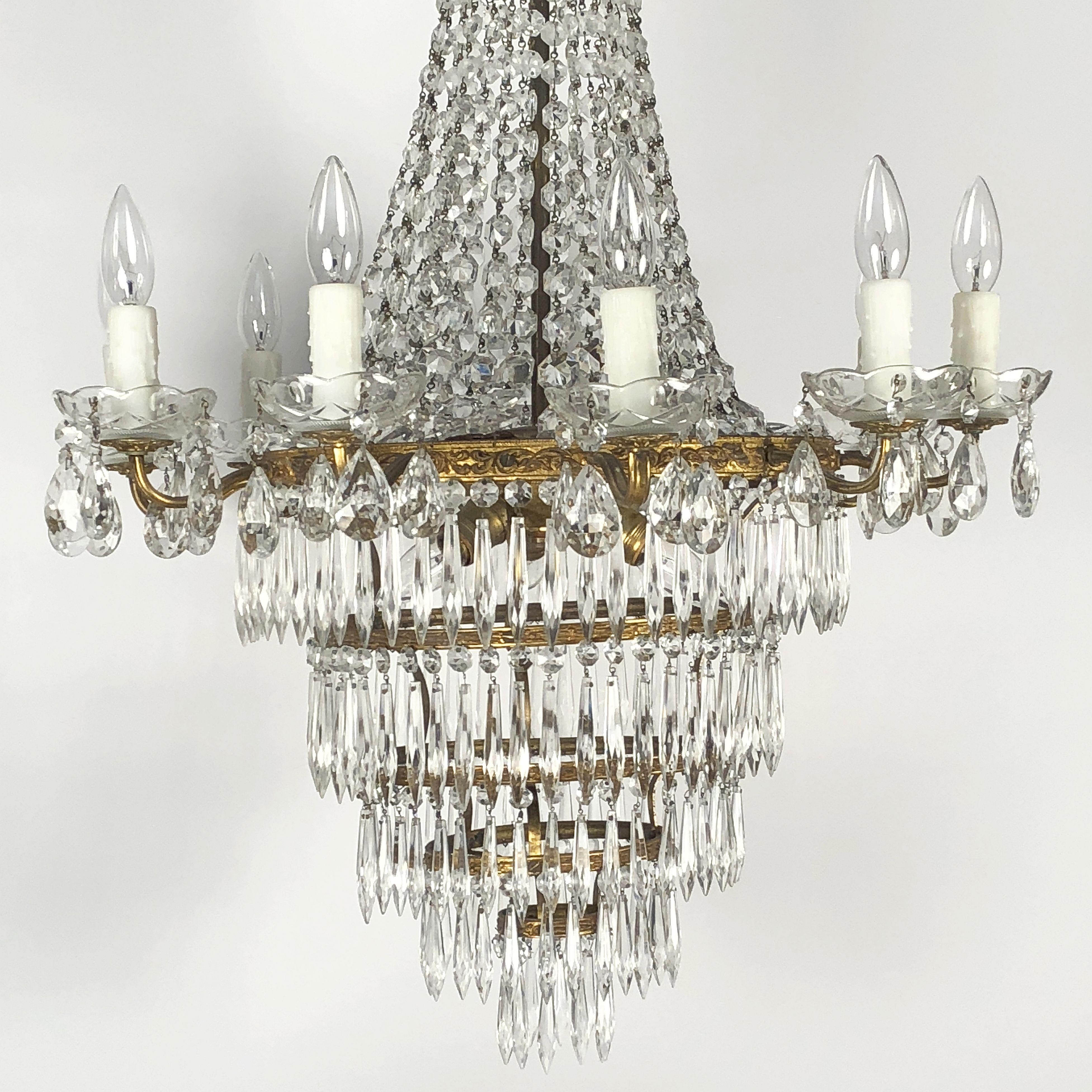 20th Century Italian Thirteen-Light Drop Crystal Chandelier, Empire Style For Sale