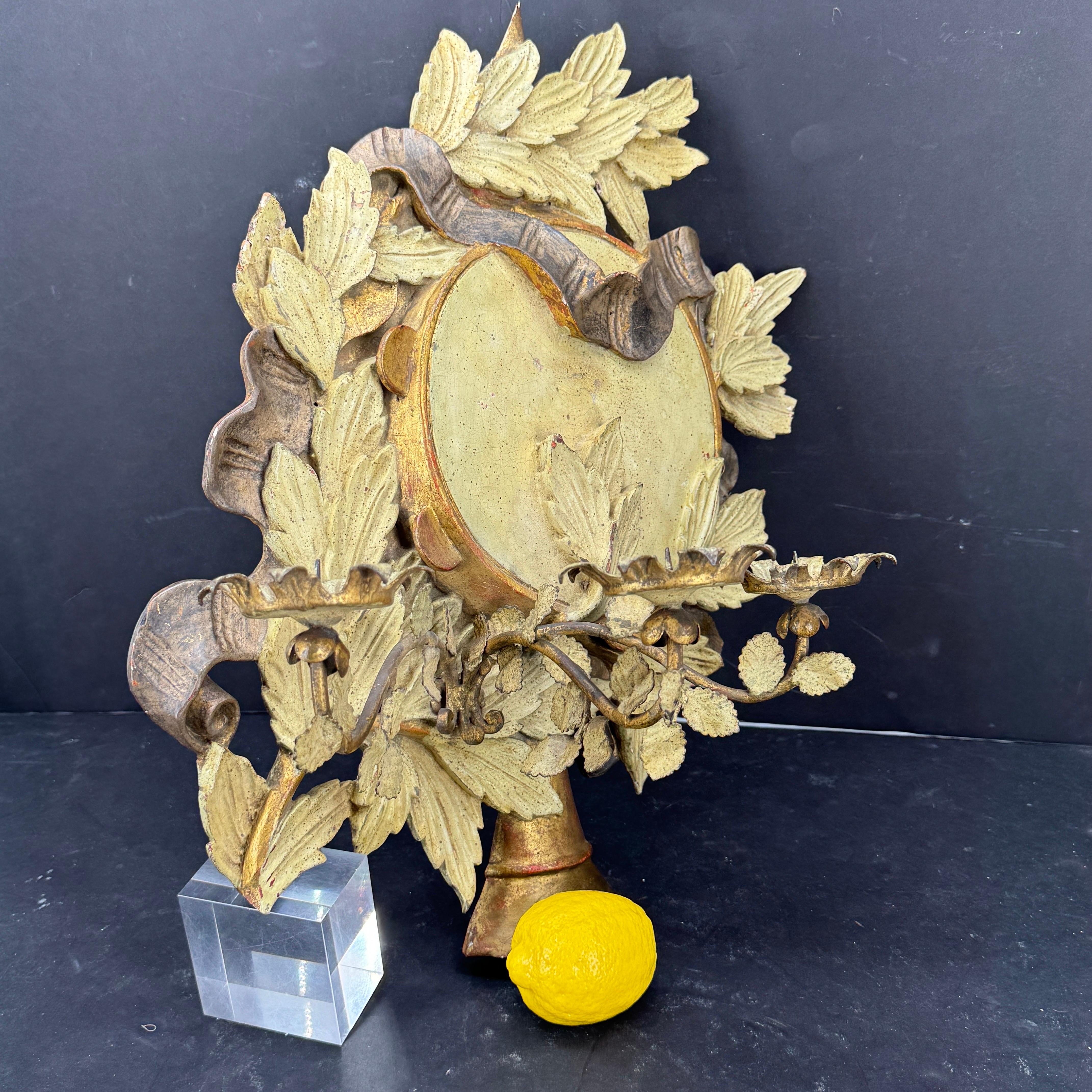 Italian Three Arm Candle Gilt Wood Wall Sconce Painted For Sale 6