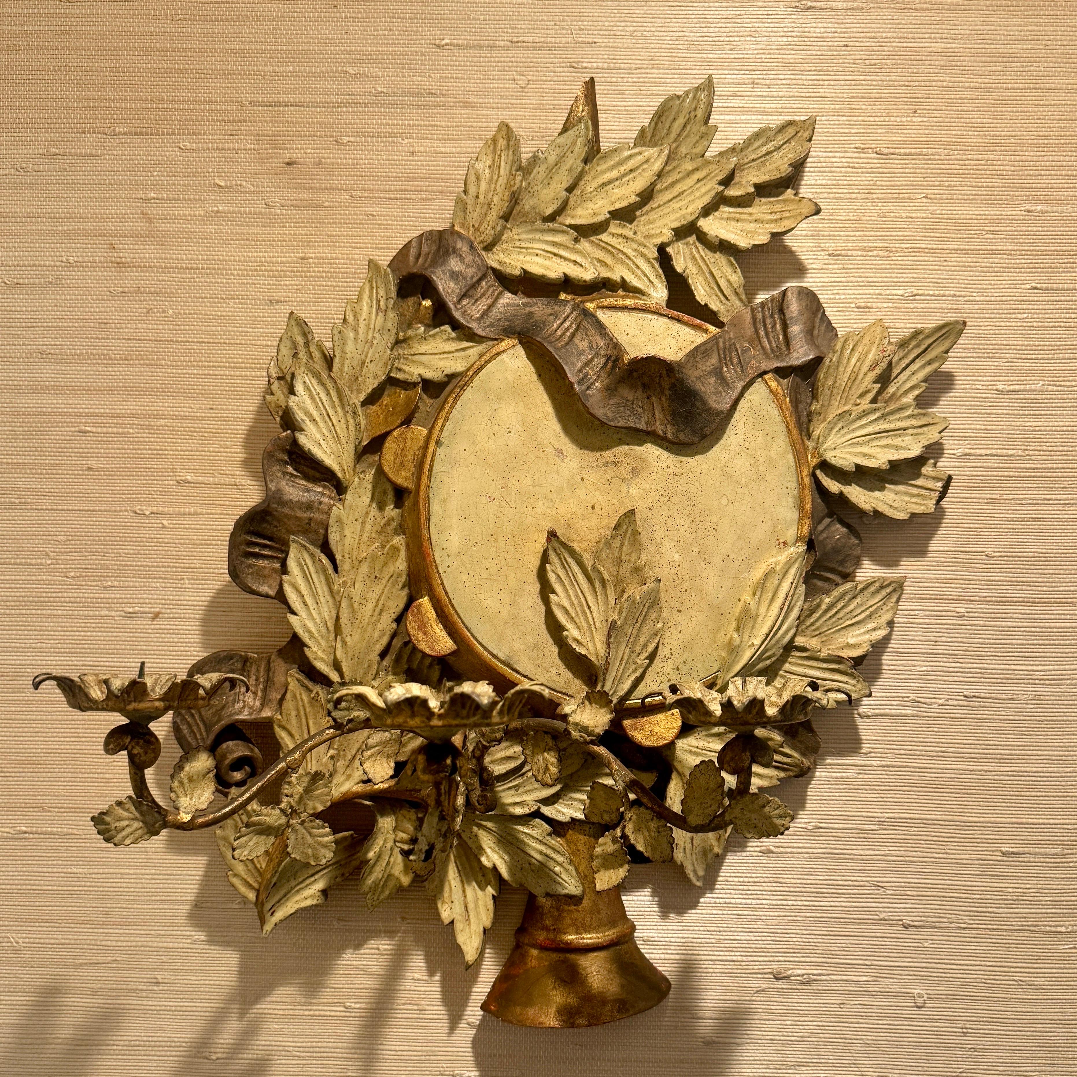 Italian Three Arm Candle Gilt Wood Wall Sconce Painted For Sale 9