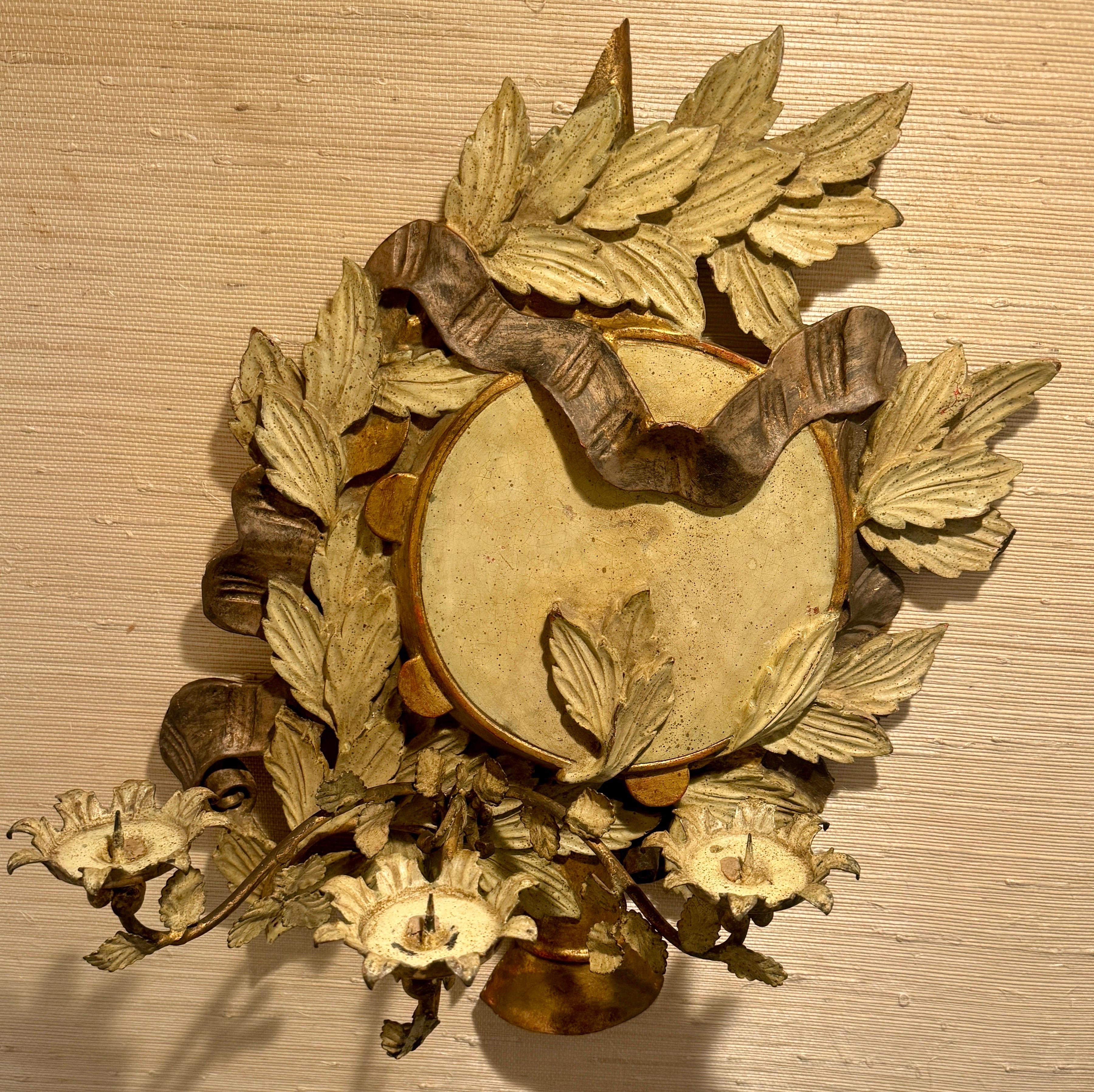 Italian Three Arm Candle Gilt Wood Wall Sconce Painted For Sale 10