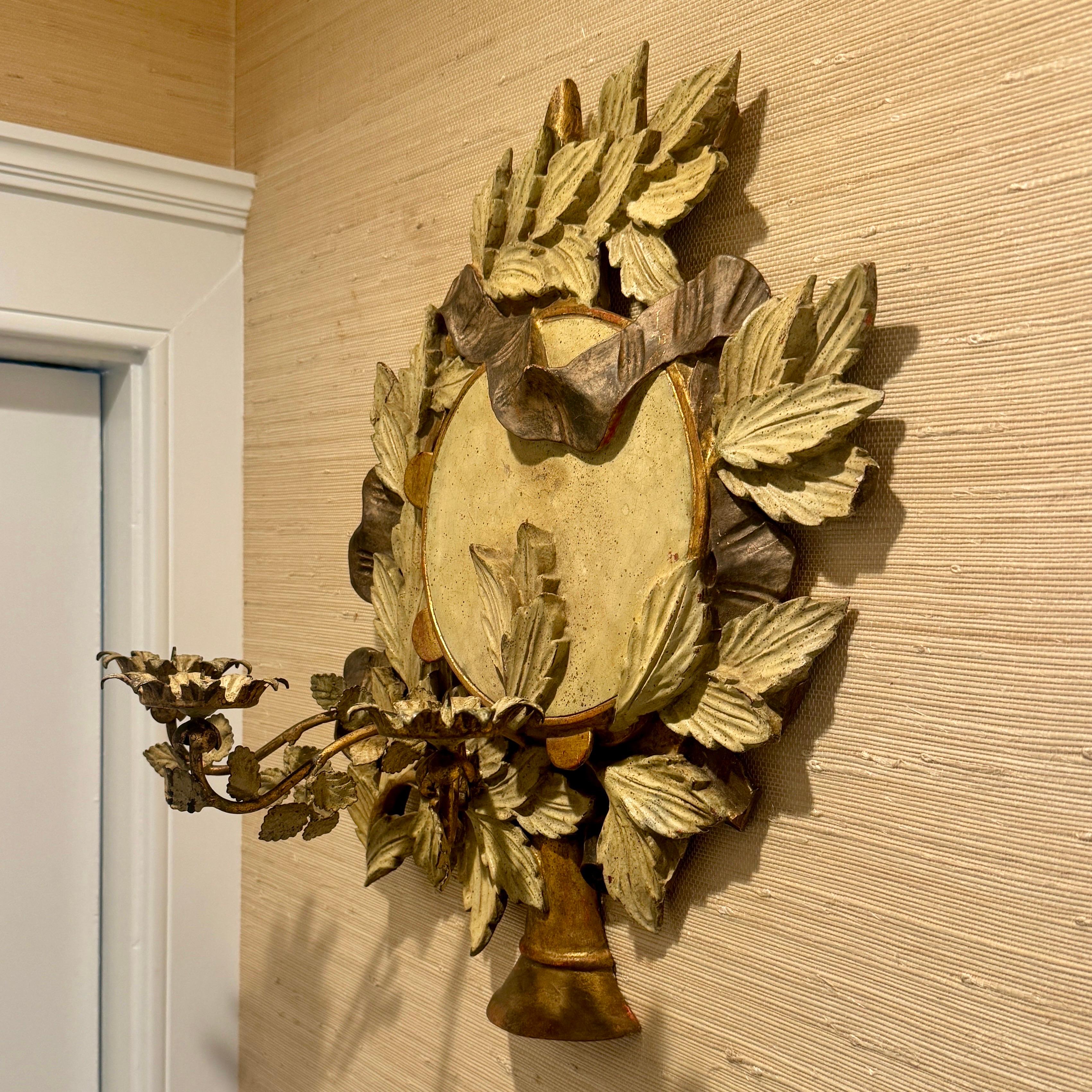 Italian Three Arm Candle Gilt Wood Wall Sconce Painted For Sale 13