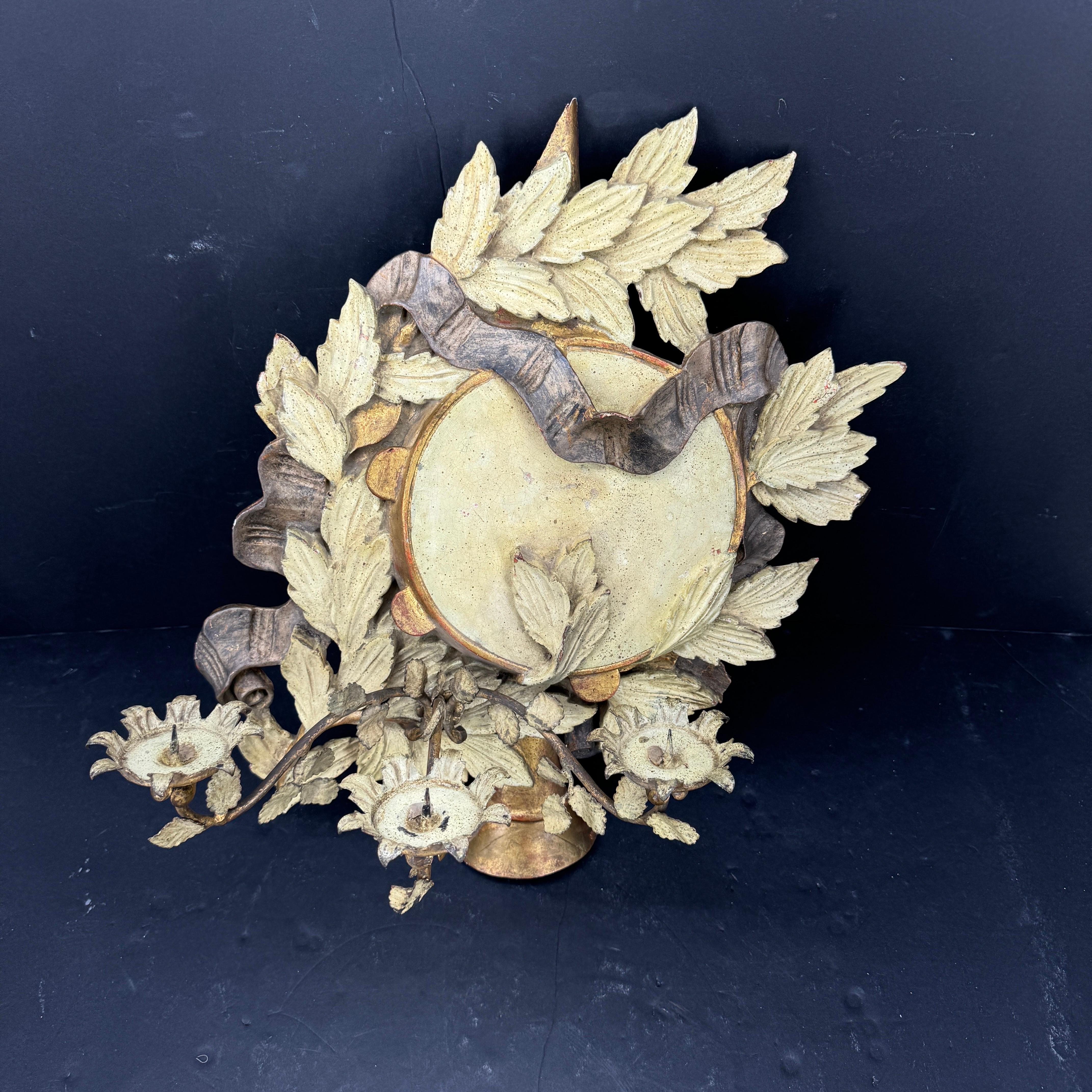 Mid-Century Modern Italian Three Arm Candle Gilt Wood Wall Sconce Painted For Sale