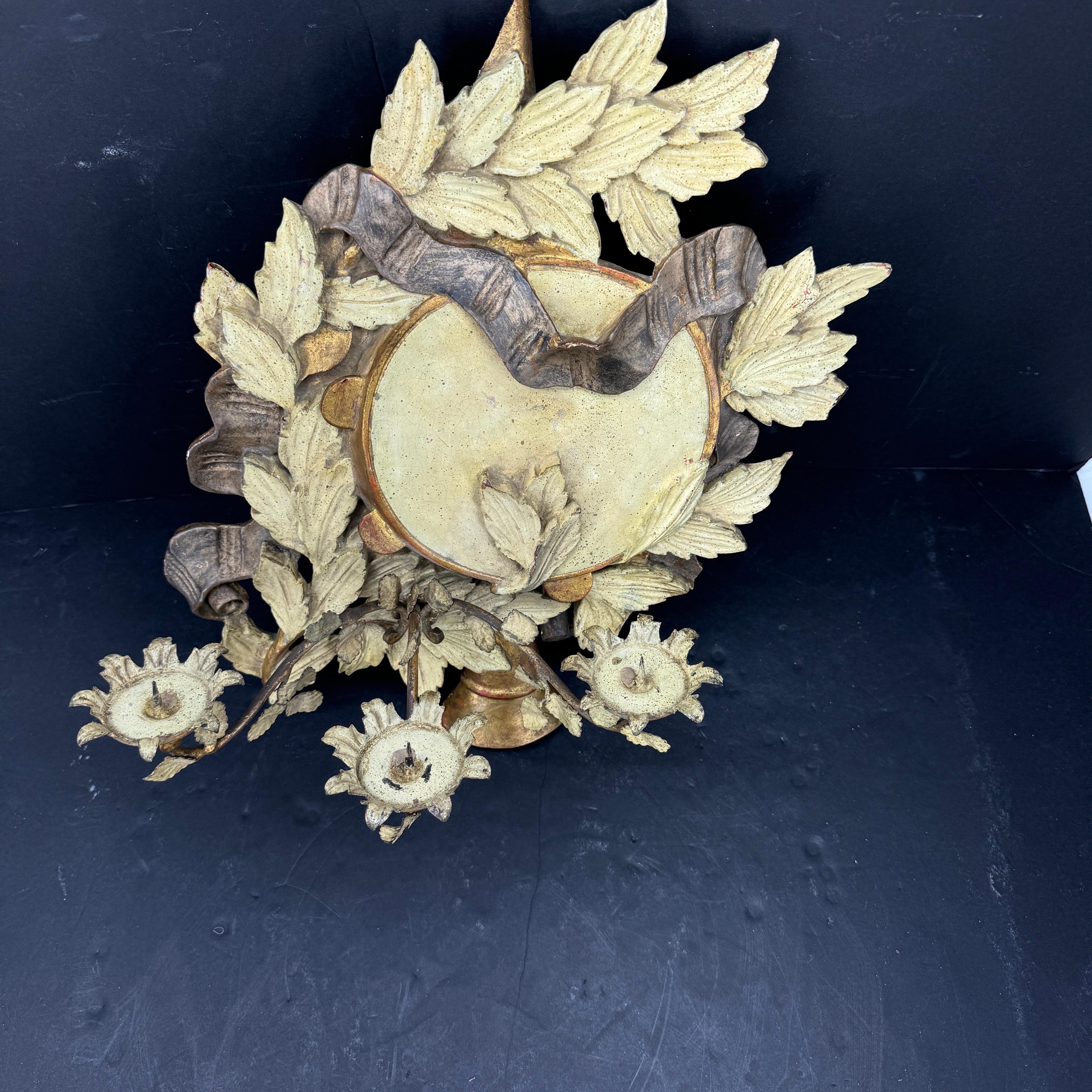 Hand-Crafted Italian Three Arm Candle Gilt Wood Wall Sconce Painted For Sale