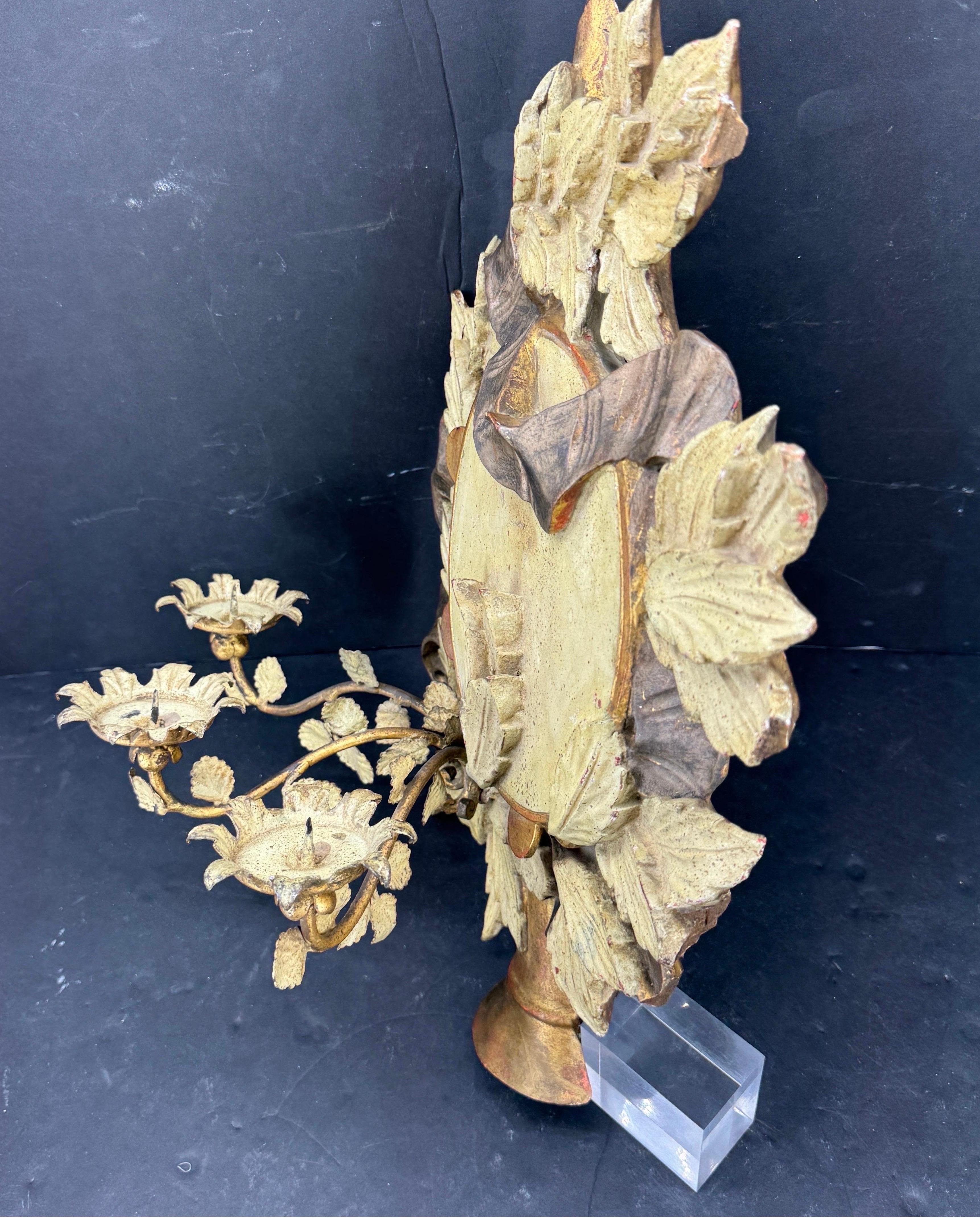 Italian Three Arm Candle Gilt Wood Wall Sconce Painted For Sale 1